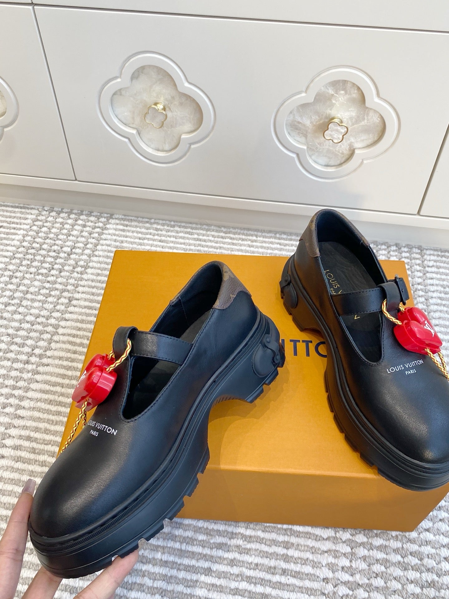 LV 2026 T-strap Loafer With Heart-shaped Black Red Cowhide 595878