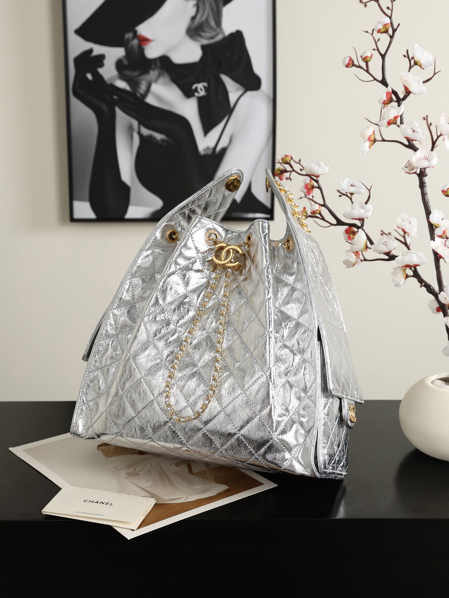 Chanel 2026 Hobo Bag 40cm Silver and Gold Mettalic Leather