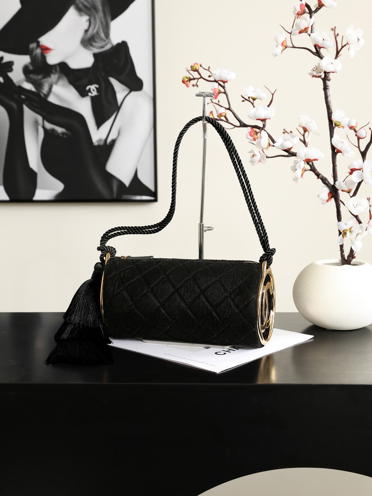 Chanel 2026 Tassel Cylindrical Bag 23.5cm Black Velvet