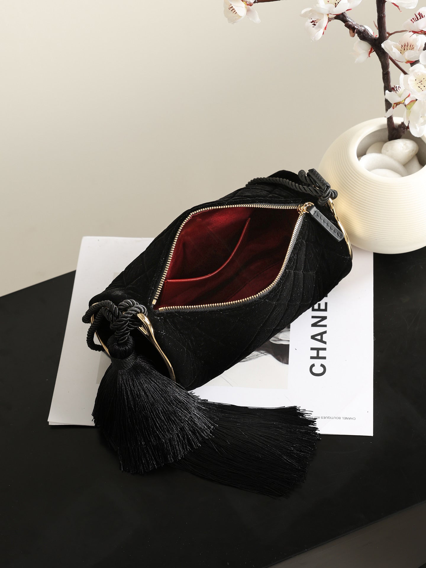 Chanel 2026 Tassel Cylindrical Bag 23.5cm Black Velvet