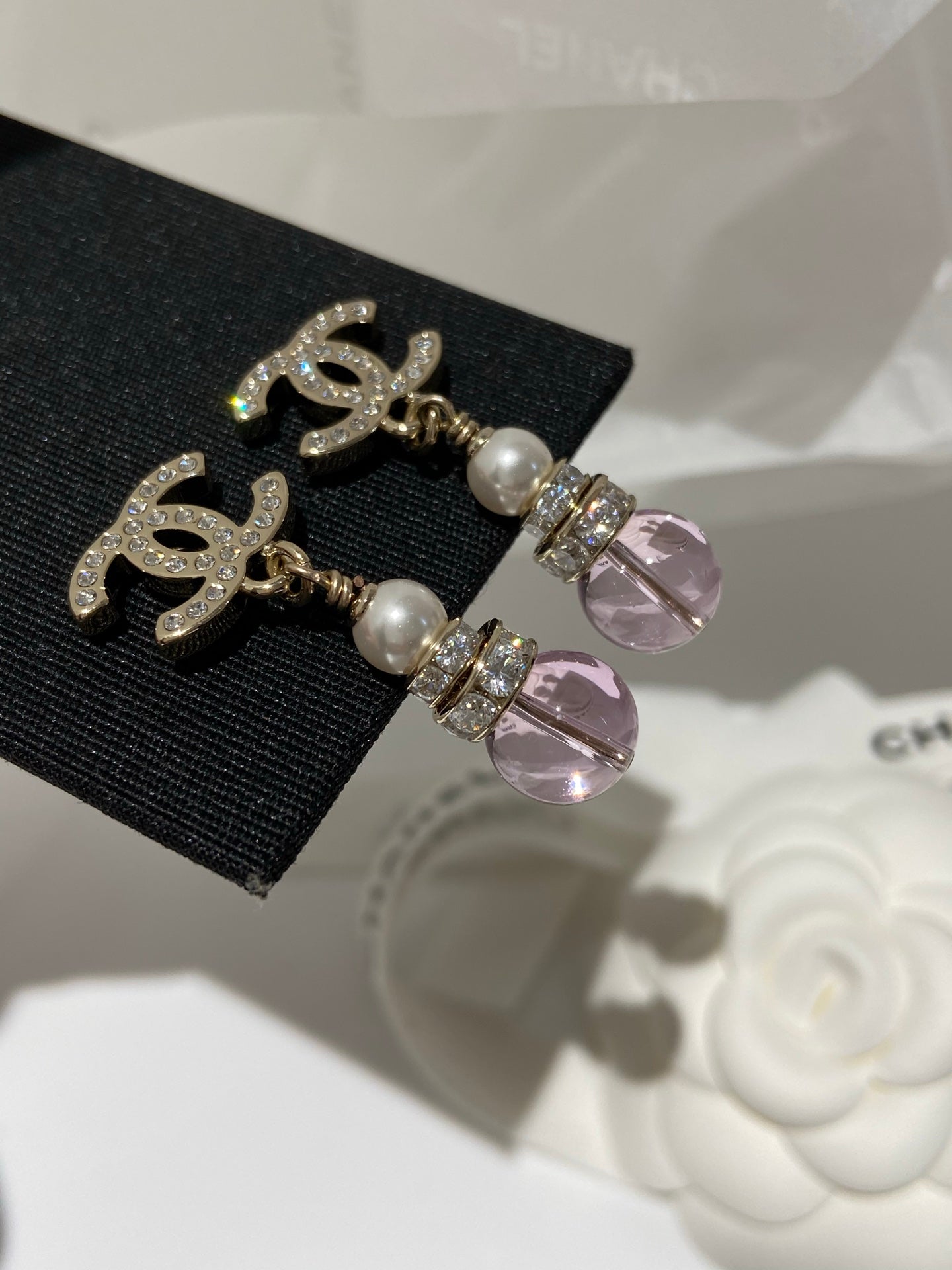 CC  Pink Crystal Gold Pearl Earrings