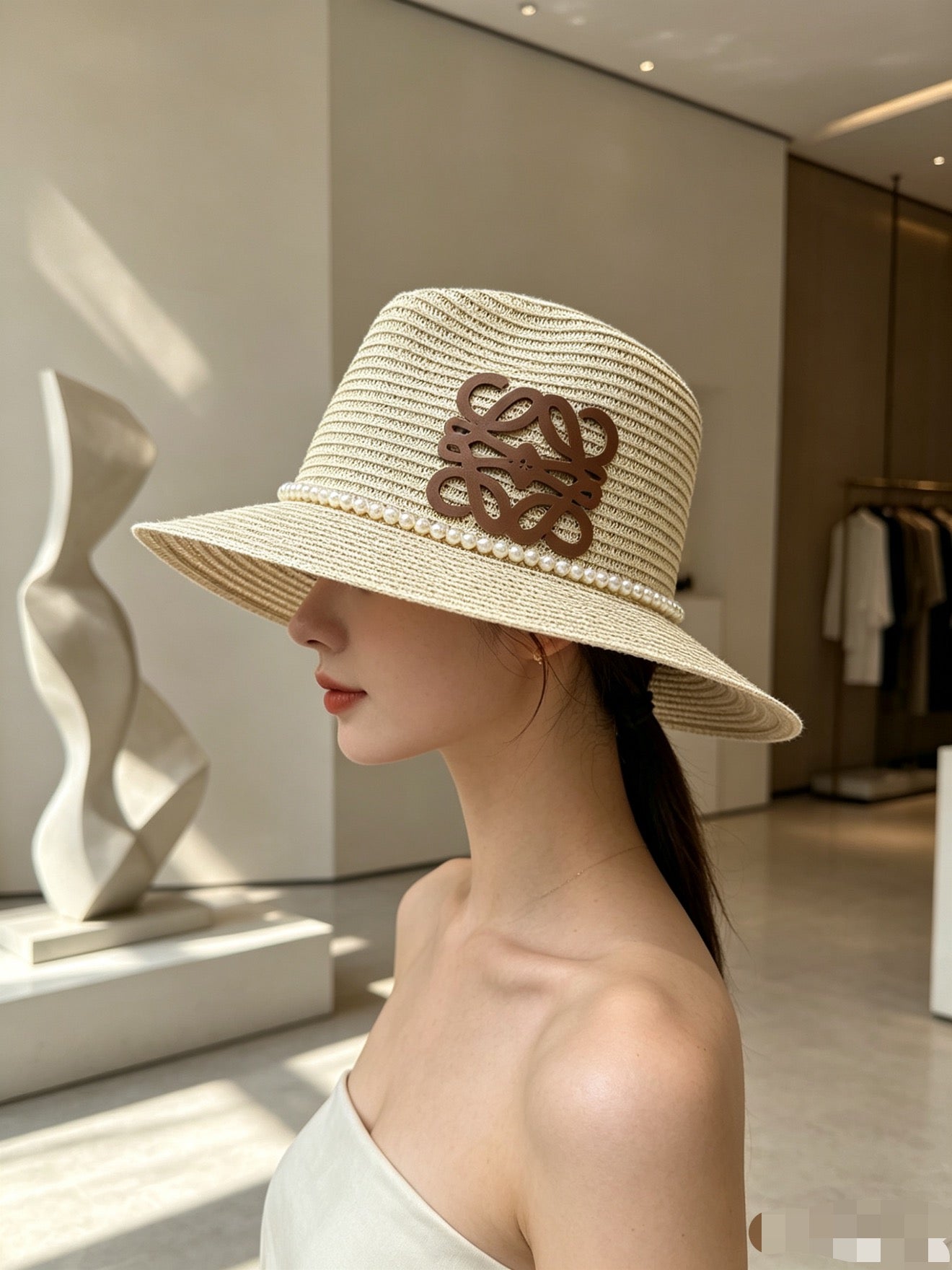 Loewe Straw Hat With Pearl and Logo 280797