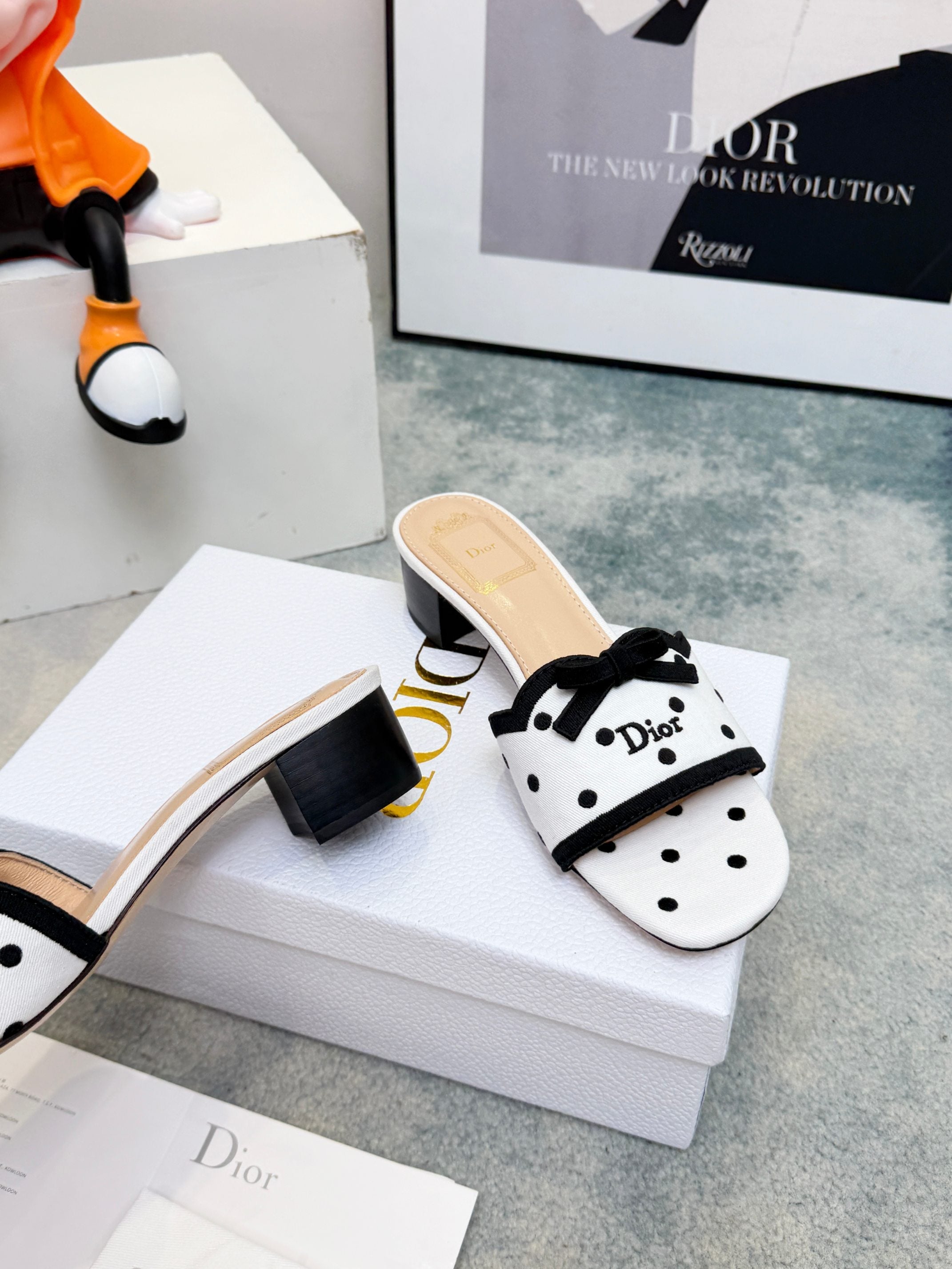Dior 2026 Polka Dot Bow Chunky Heel Sandals Canvas 947860