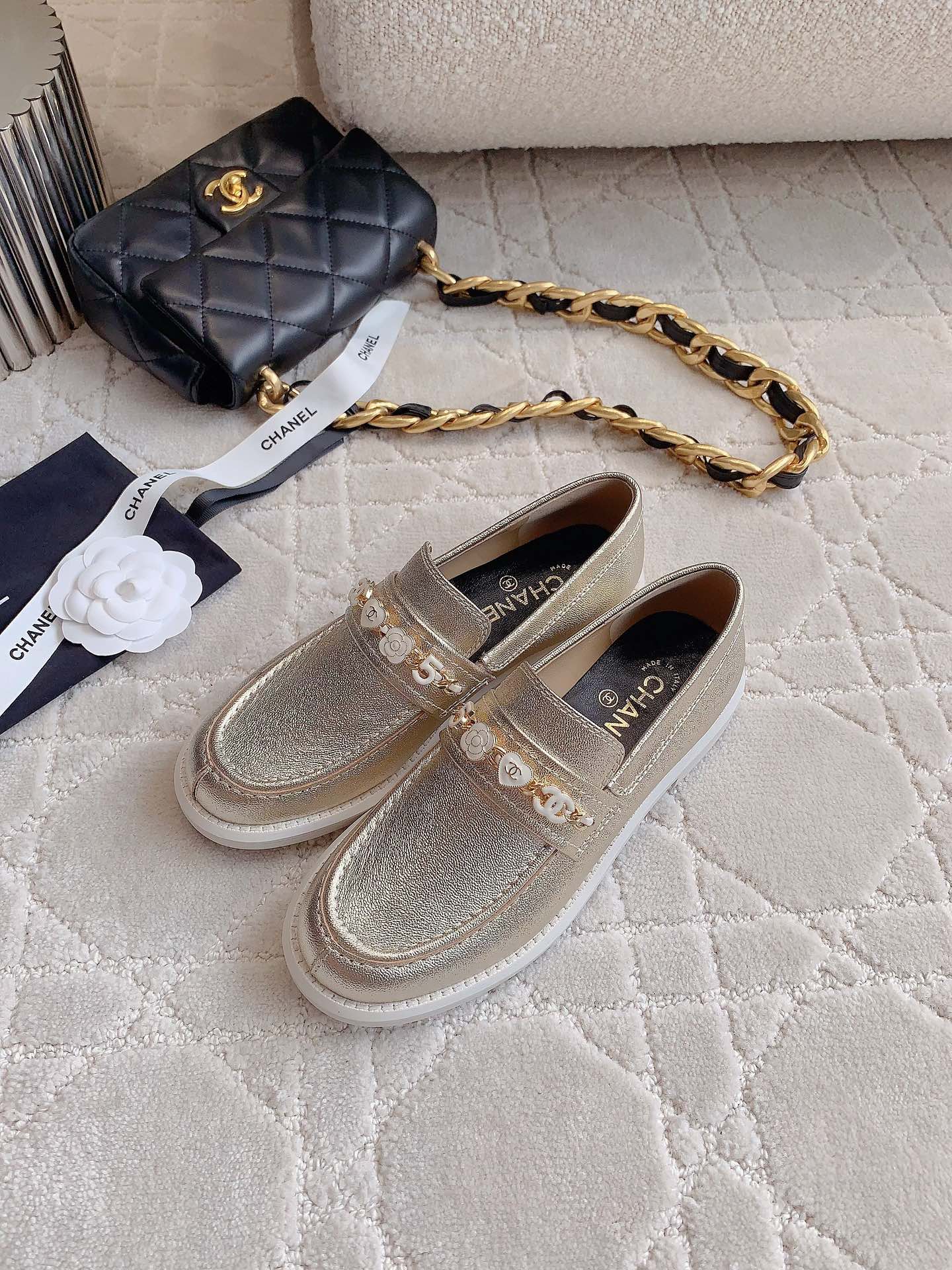 Chanel 2026 Embellished Strap Loafers Gold Metallic Cowhide 977365