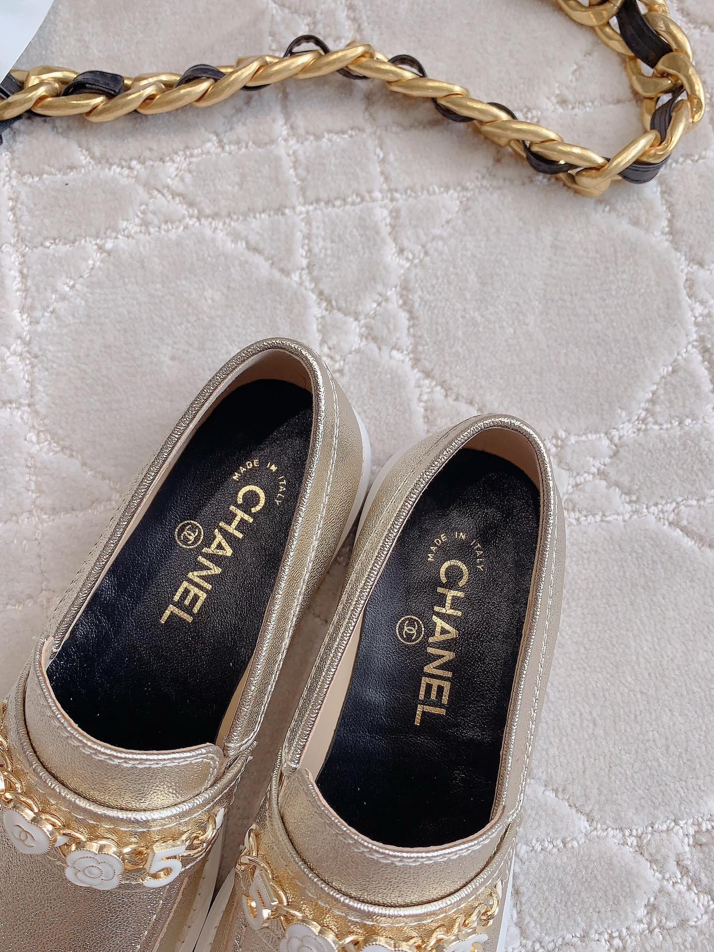 Chanel 2026 Embellished Strap Loafers Gold Metallic Cowhide 977365