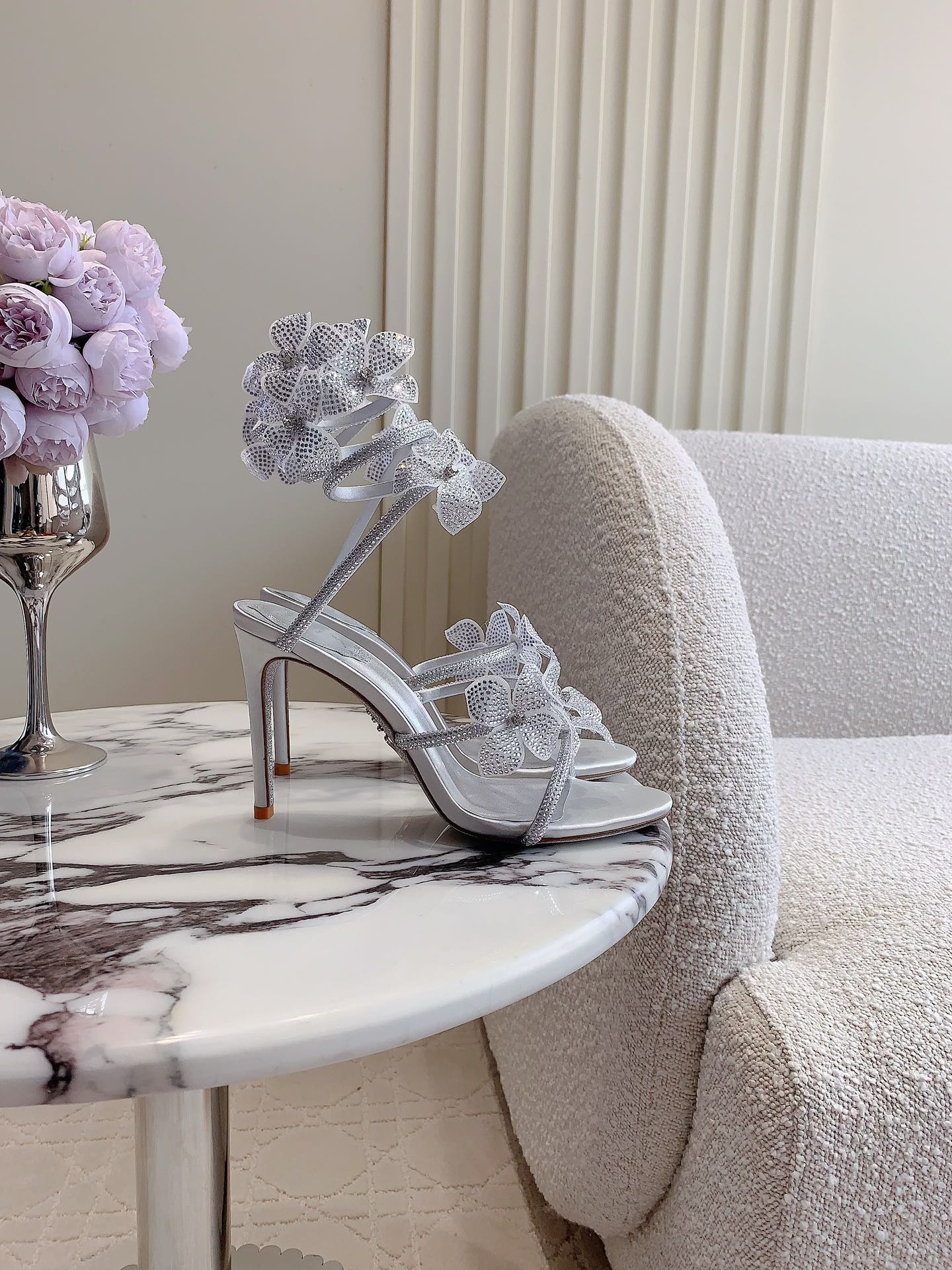 RC 2025 Margot High Heeled Sandal With Floral Embellishment Silver Leather 898021