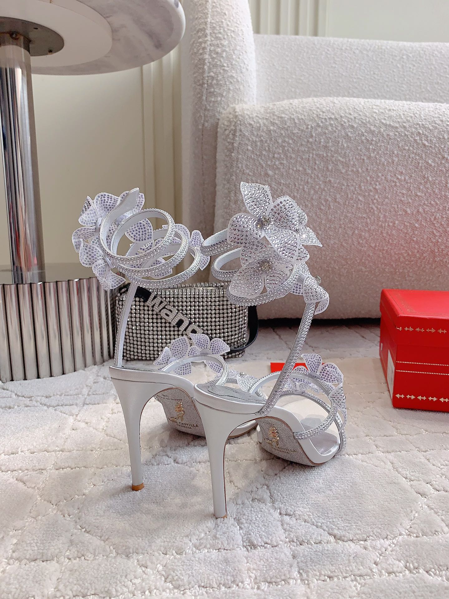 RC 2025 Margot High Heeled Sandal With Floral Embellishment Silver Leather 898021