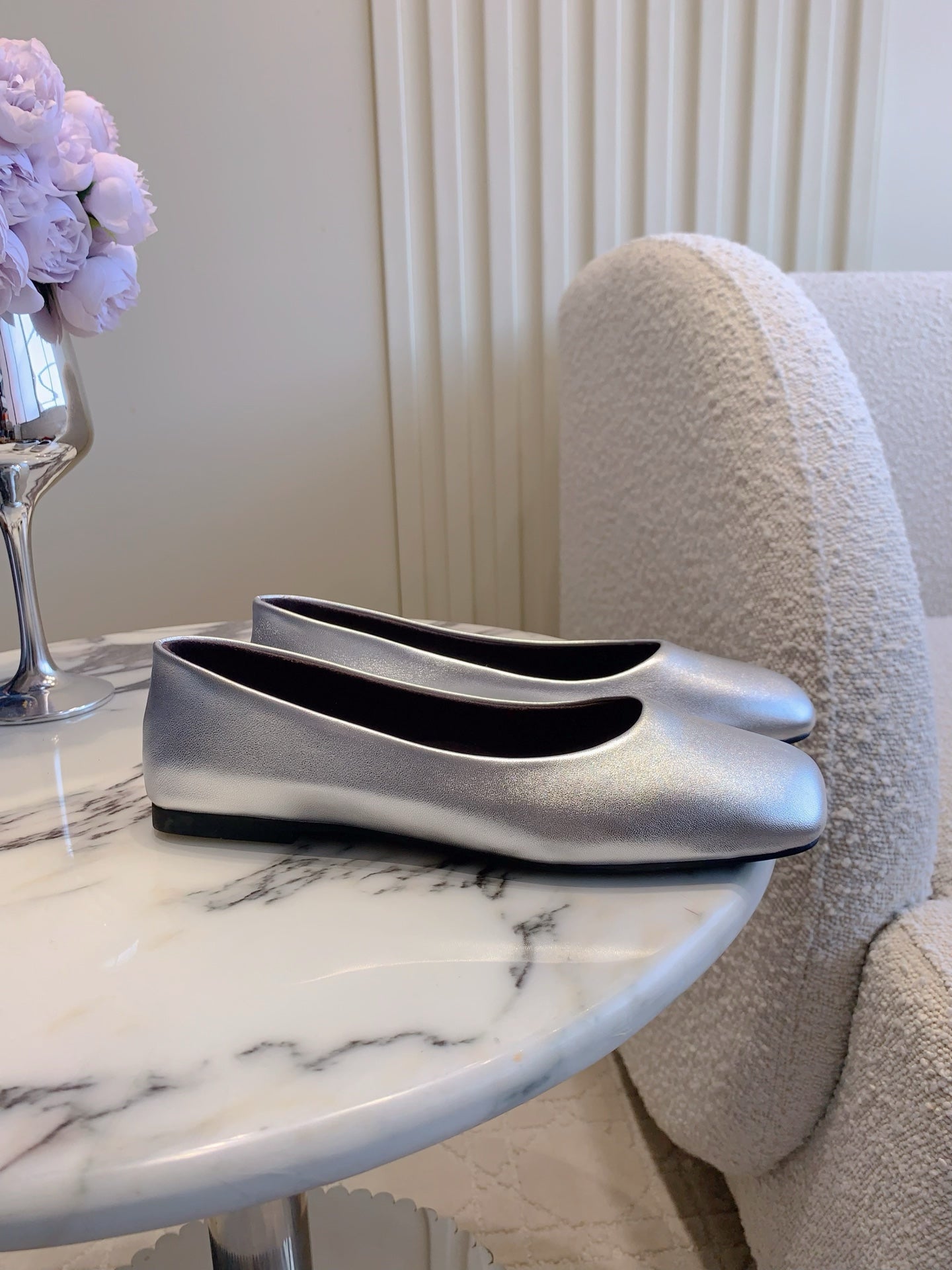 The Row 2025 Square-toe Ballet Flat Silver Sheepskin 557428