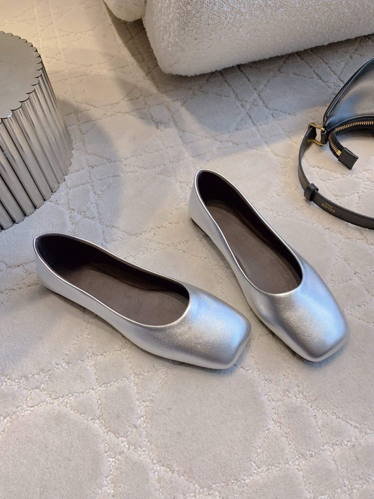 The Row 2025 Square-toe Ballet Flat Silver Sheepskin 557428