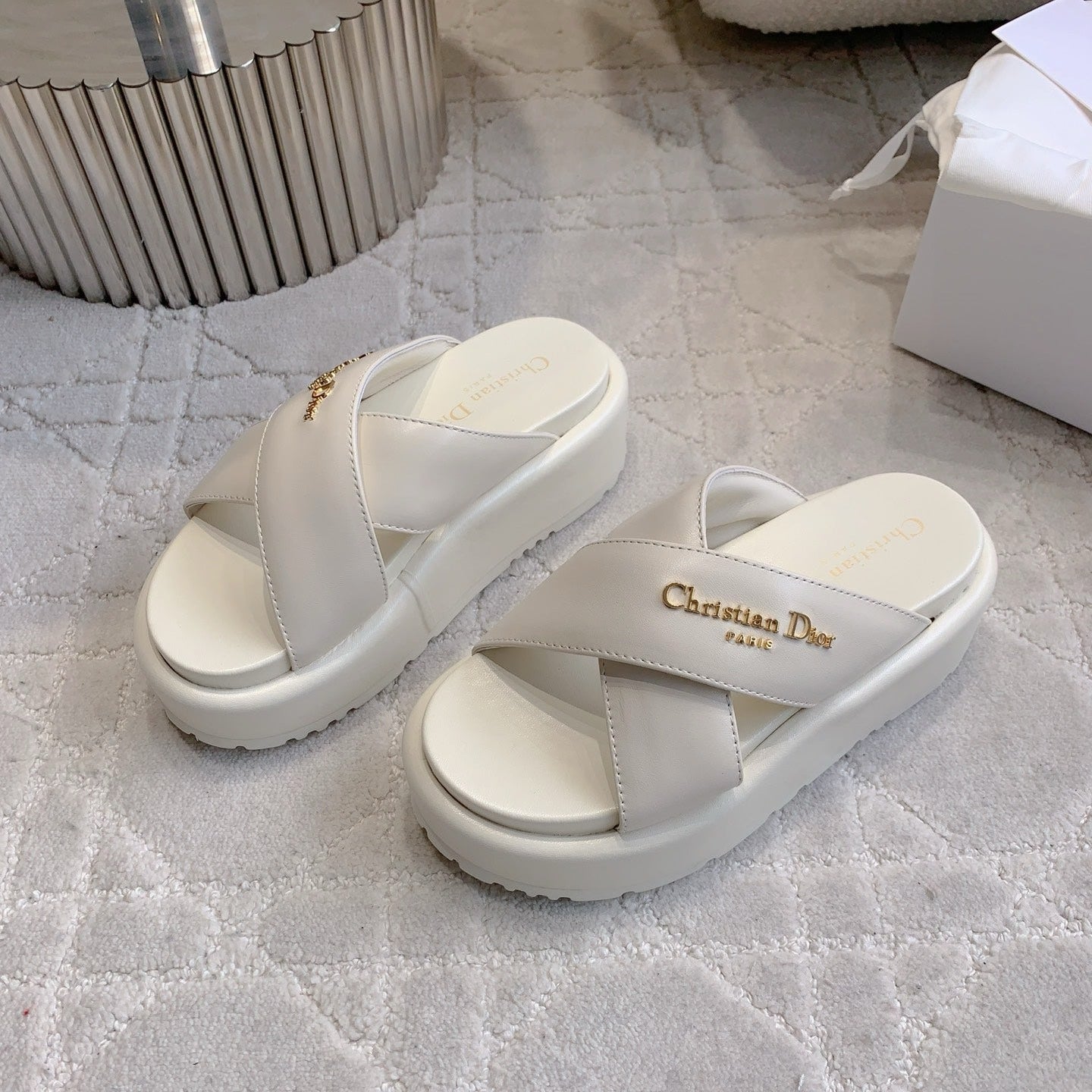 CD 26s  Platform Sandals 65 White Lambskin 644288