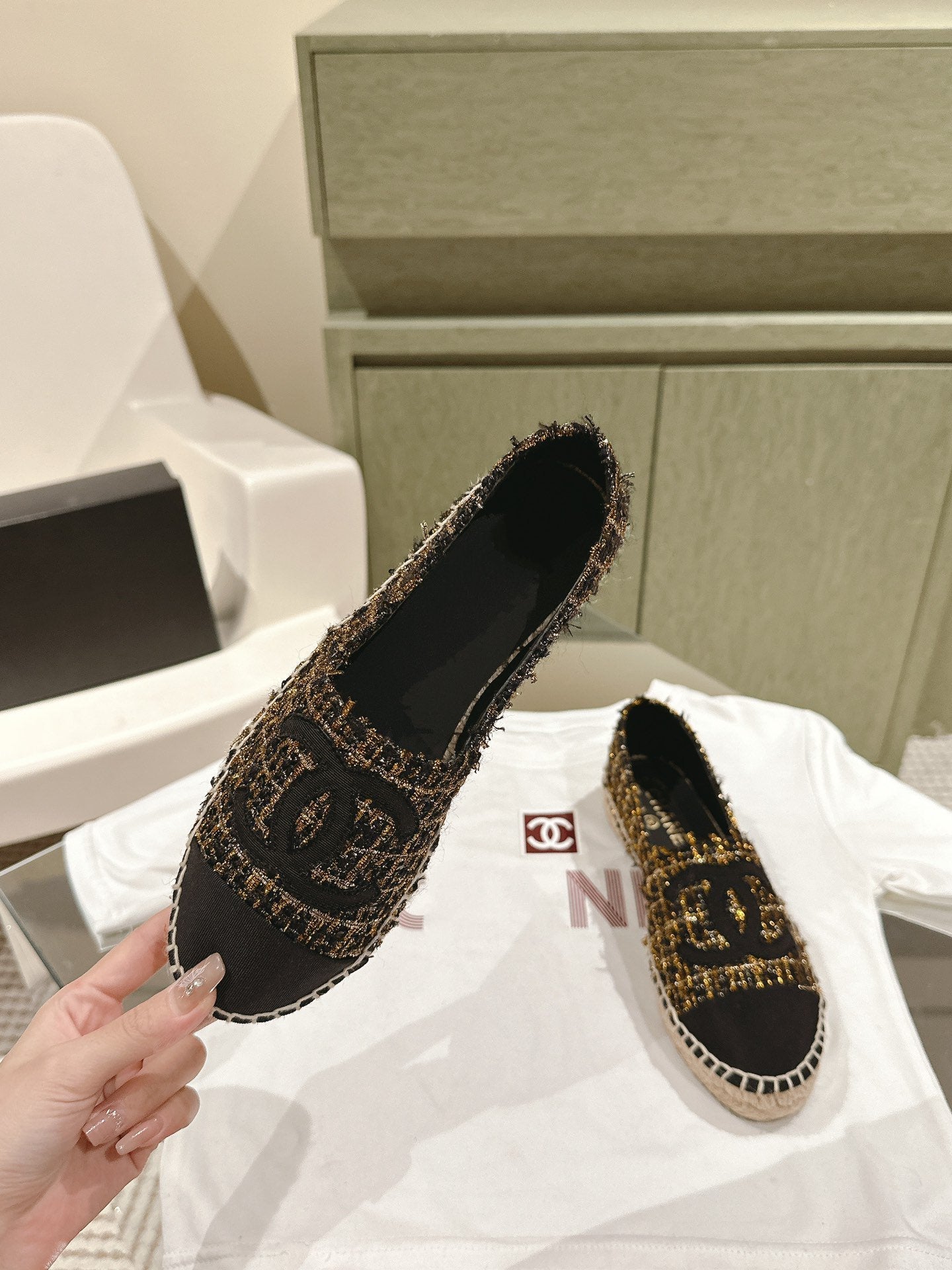 espadrilees black gold tweed canvas