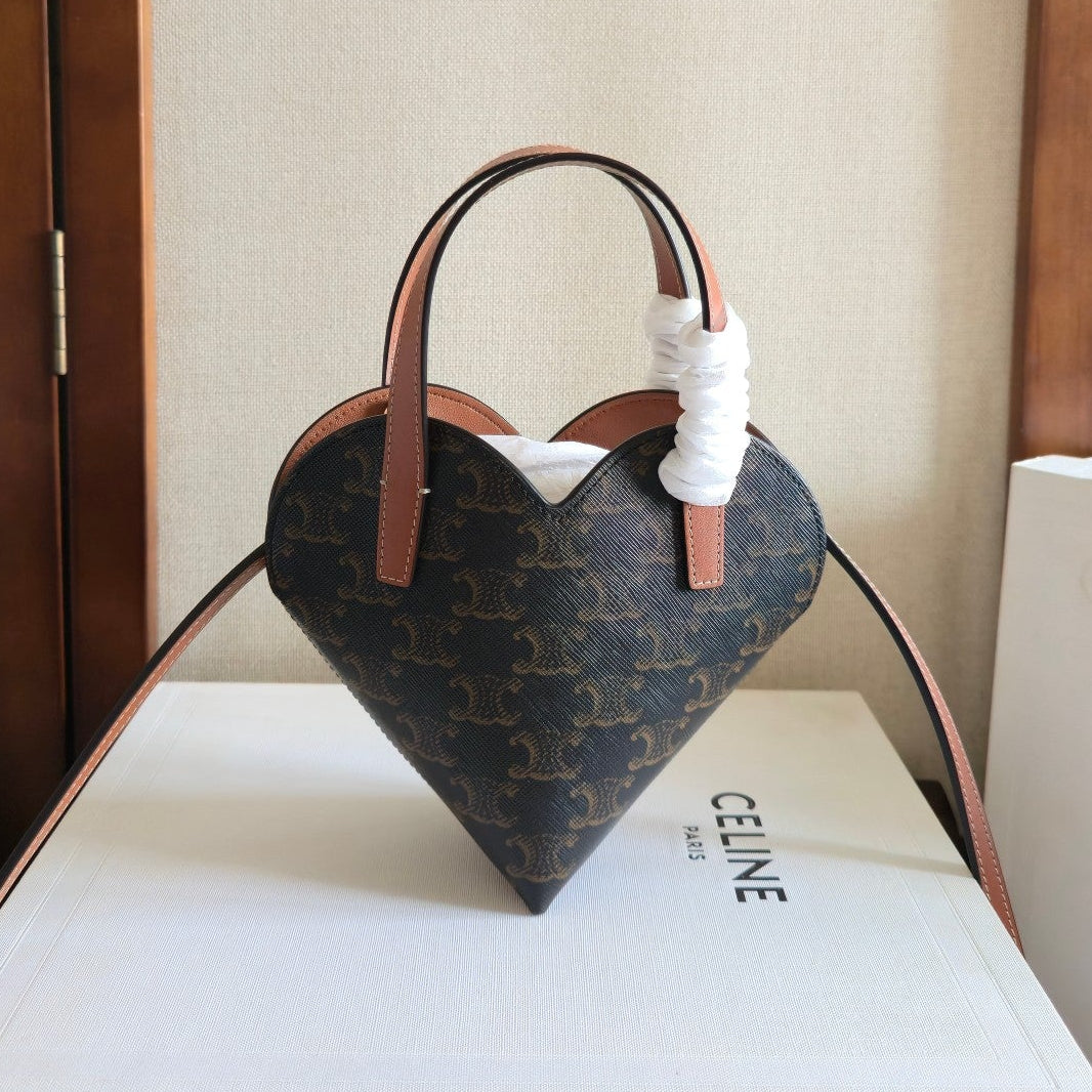 Celine 2025 Heart-Shaped Bag 19cm Black Tan Canvas Calfskin 276287