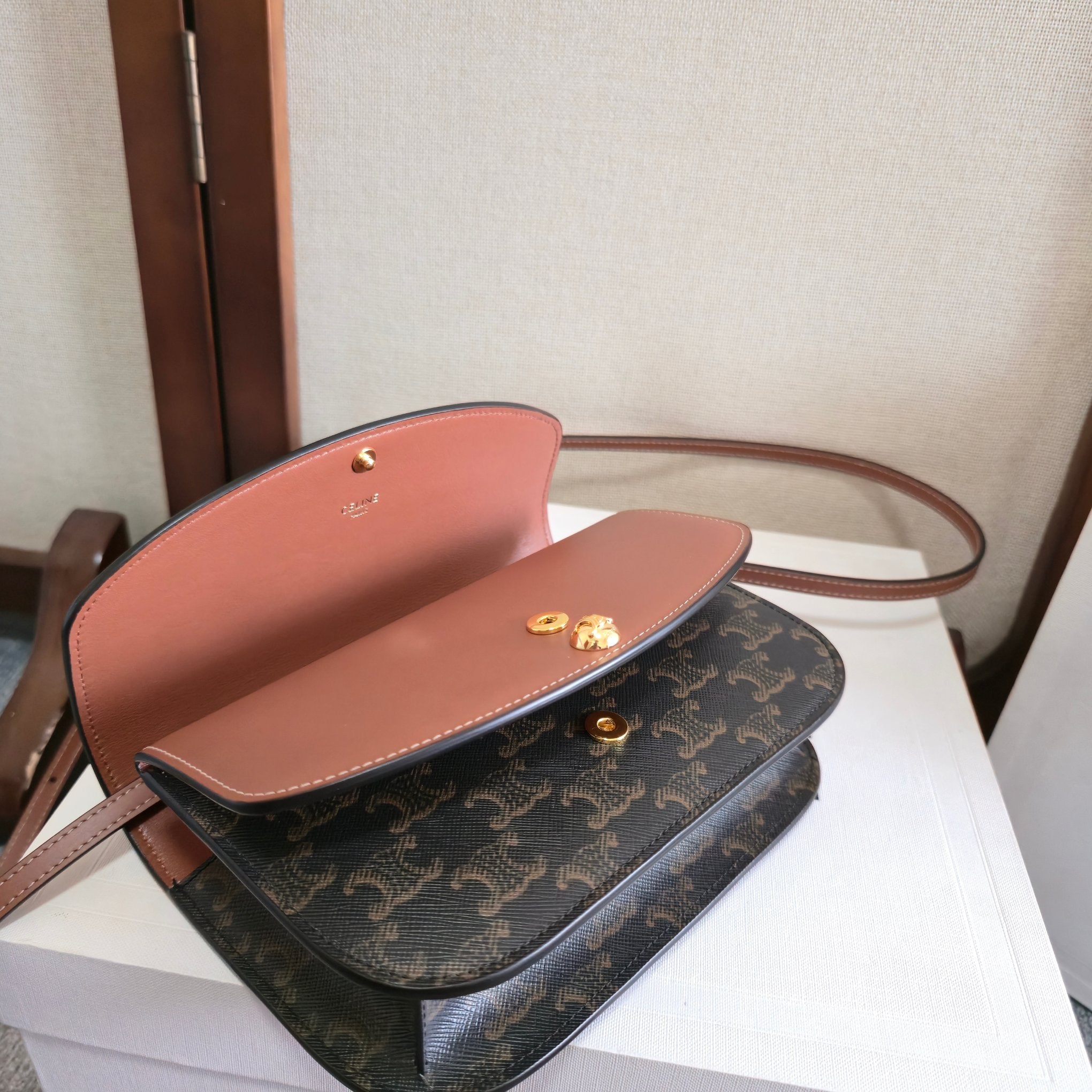 Celine 2025 Duo Wallet On Strap Bag 20cm Black Tan Canvas Calfskin 276321