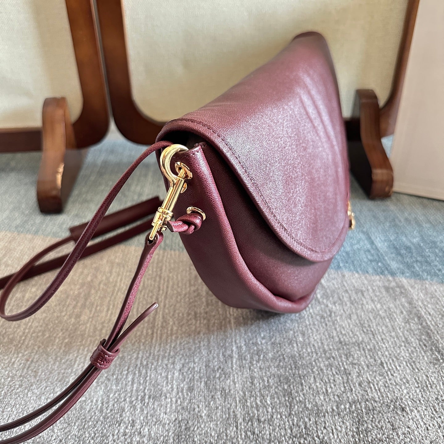 Celine 2025 Halfmoon Soft Triomphe Bag Burgundy Shiny Lambskin