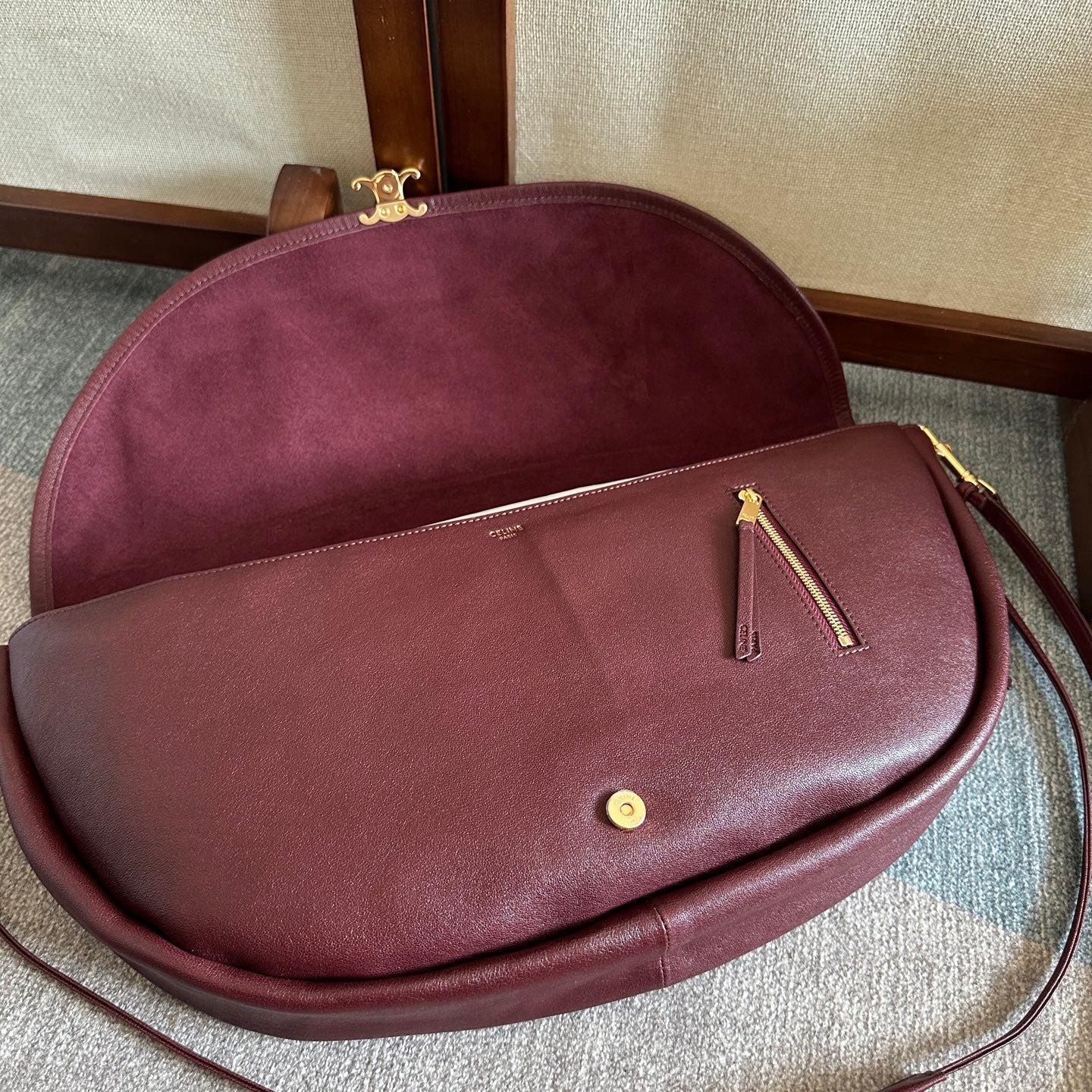 Celine 2025 Halfmoon Soft Triomphe Bag Burgundy Shiny Lambskin