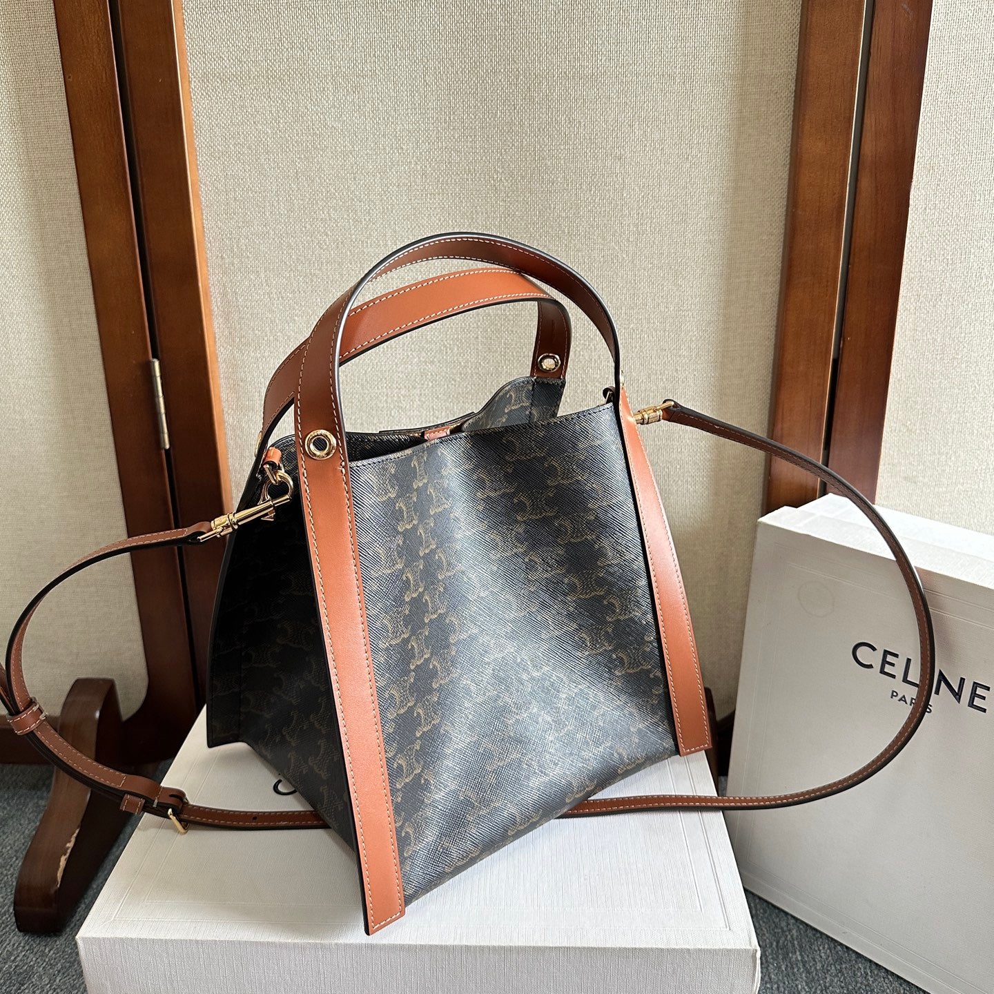 Celine 2025 Cube Bag 21cm Black Tan Canvas Calfskin 276297