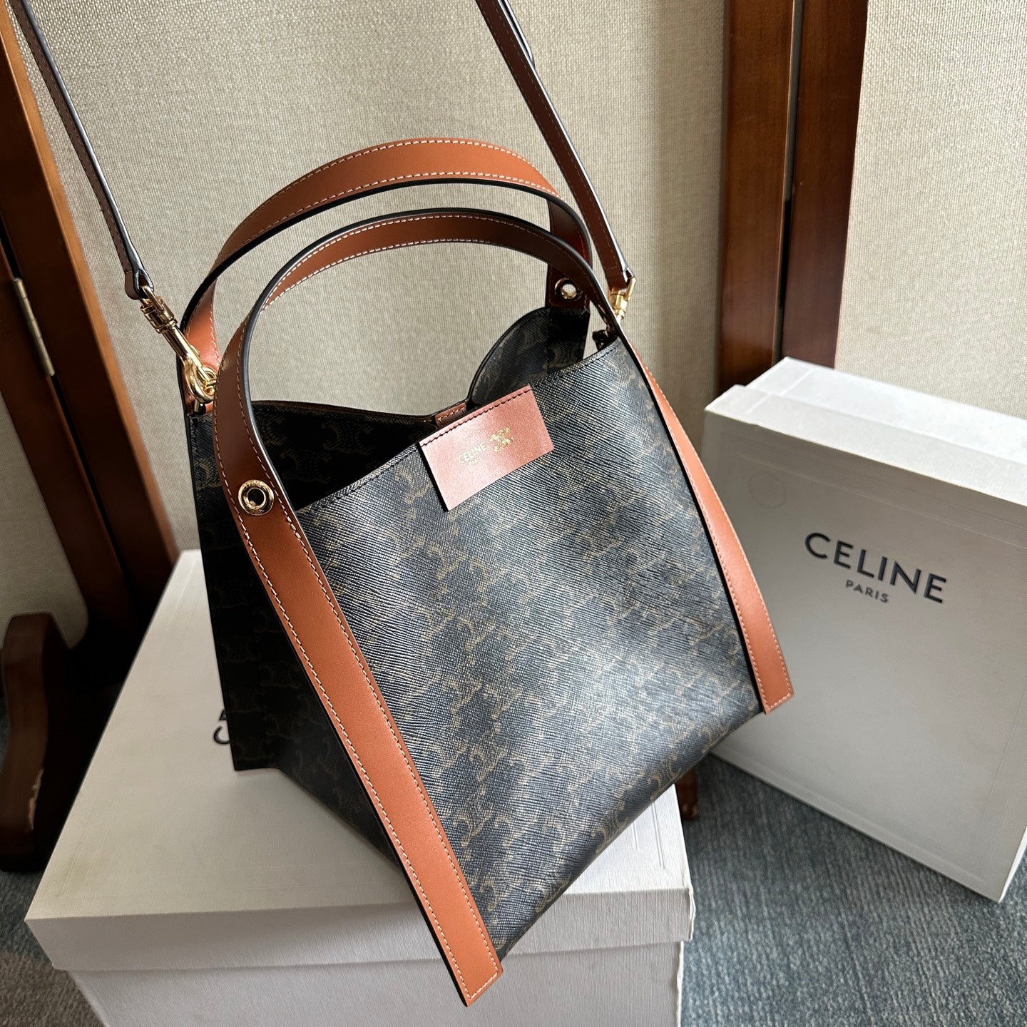 Celine 2025 Cube Bag 21cm Black Tan Canvas Calfskin 276297