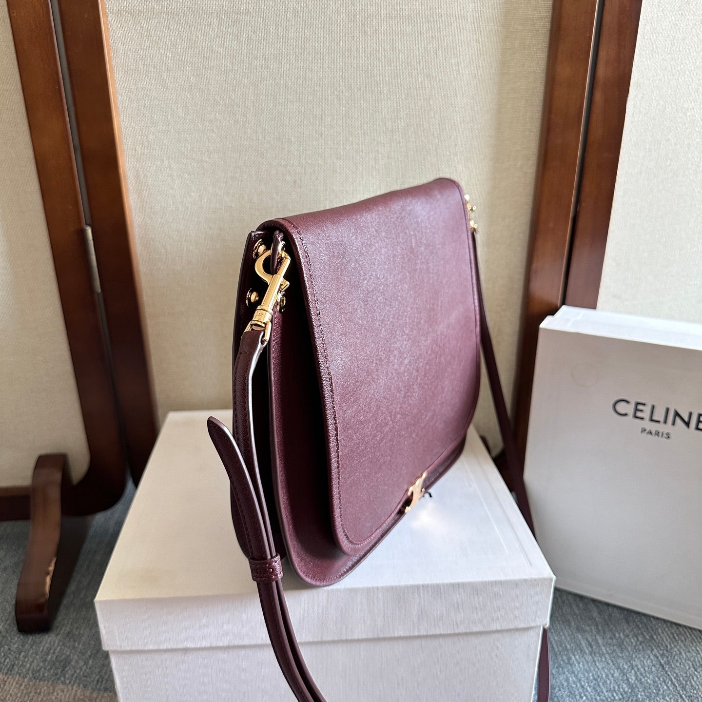 Celine 2026 Besace Triomphe Bag 32cm Burgundy Shiny Lambskin 276303