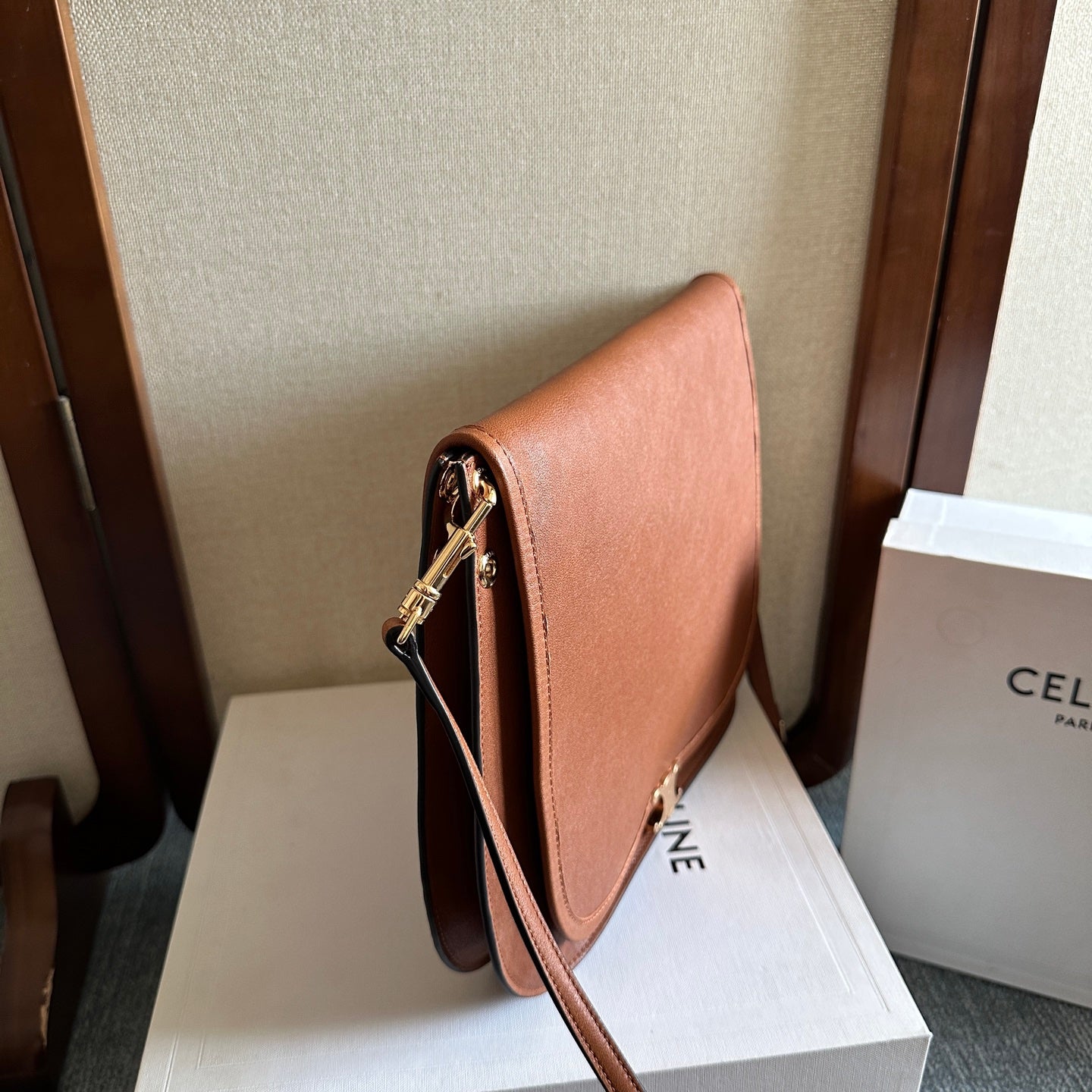 Celine 2026 Besace Triomphe Bag 32cm Tan Shiny Lambskin 276305