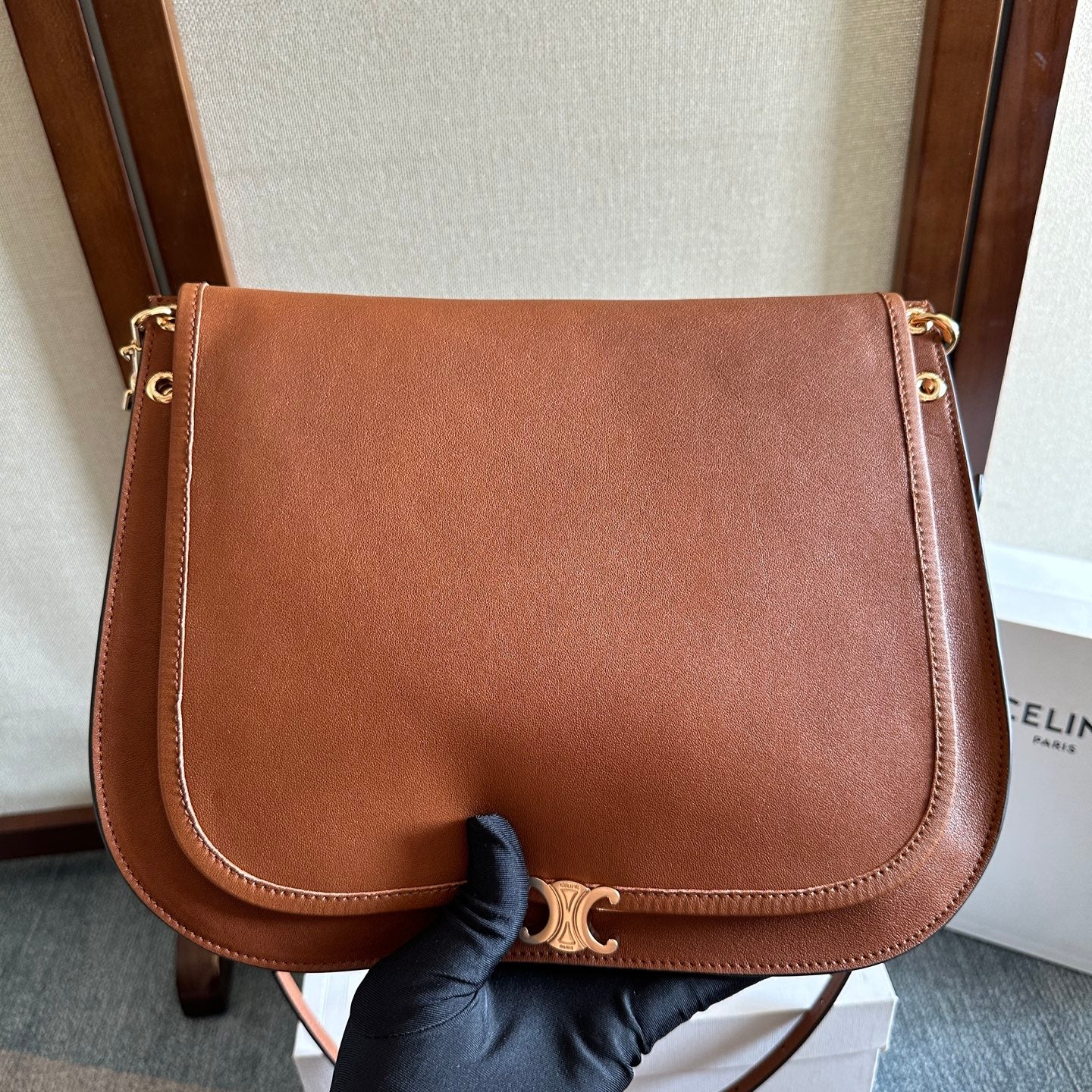 Celine 2026 Besace Triomphe Bag 32cm Tan Shiny Lambskin 276305