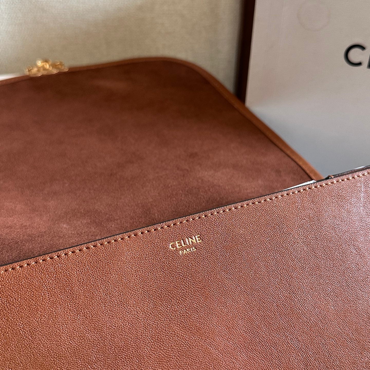 Celine 2026 Besace Triomphe Bag 32cm Tan Shiny Lambskin 276305