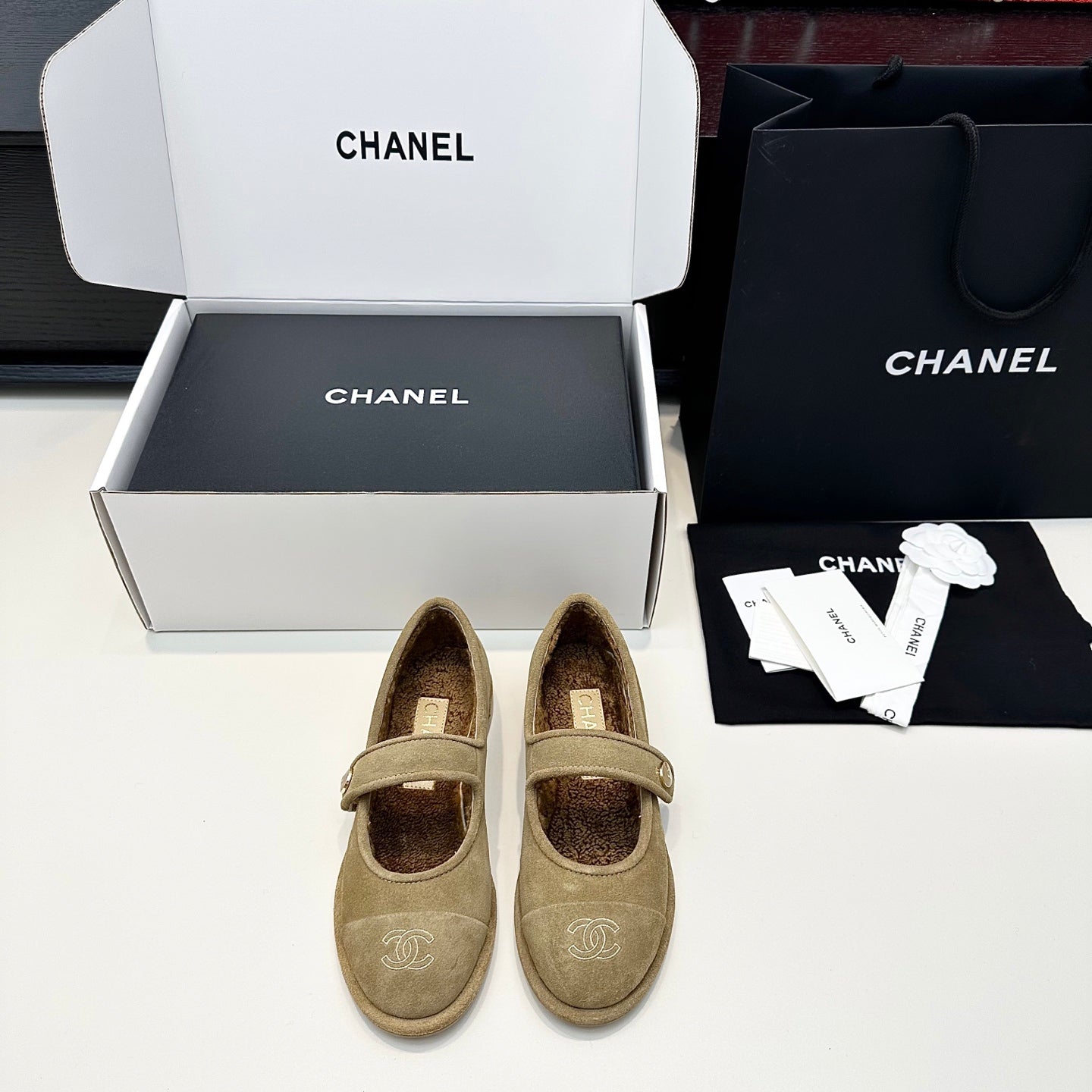 Chanel 25 Mary Jane Ballet Flat Solf Beige Wool Fur 413025