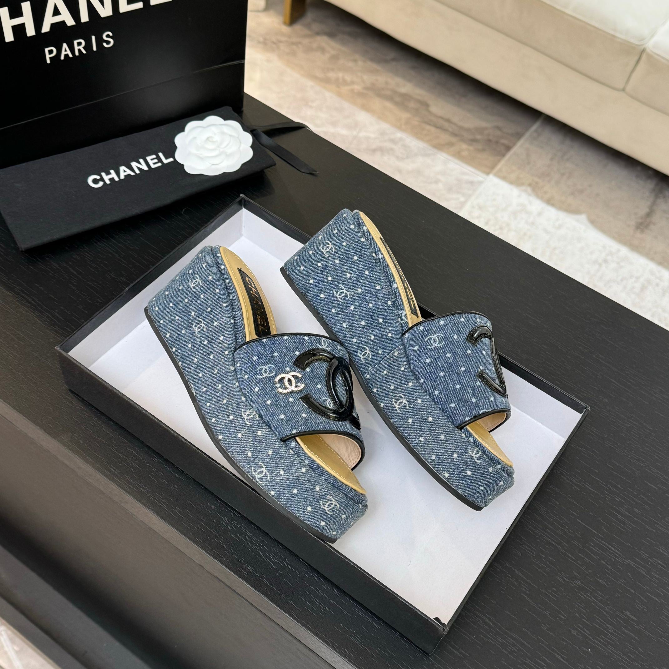 CC 25C Platform Slide Sandals Navy Blue Fabric 213158