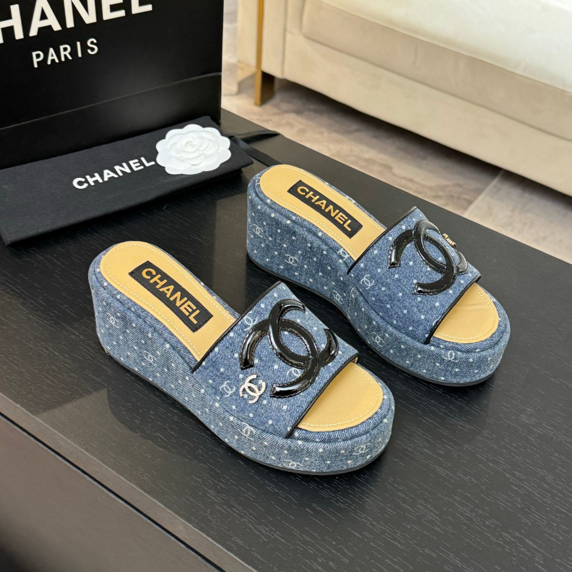 CC 25C Platform Slide Sandals Navy Blue Fabric 213158