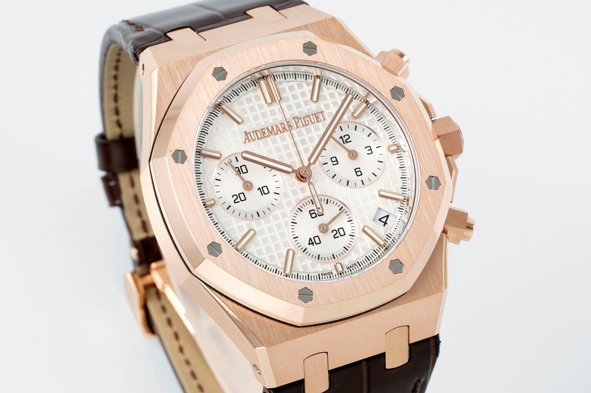 Audemars Piguet Royal Oak Chronograph 41mm Rose Gold White Dial Brown Leather