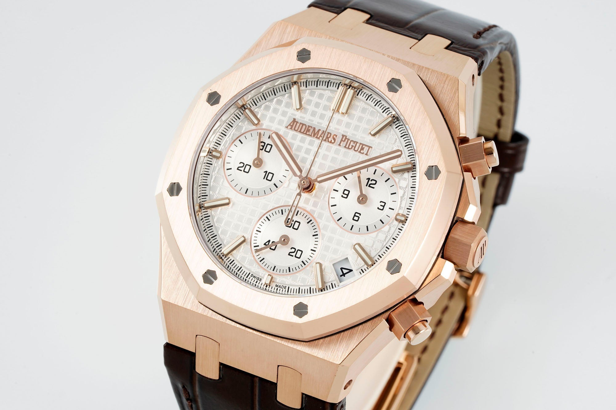 Audemars Piguet Royal Oak Chronograph 41mm Rose Gold White Dial Brown Leather