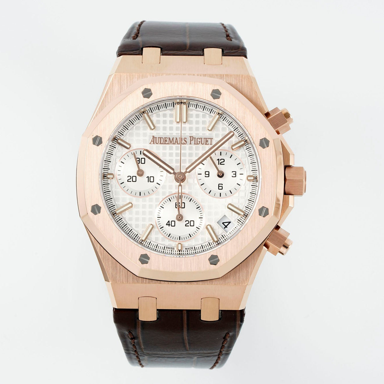 Audemars Piguet Royal Oak Chronograph 41mm Rose Gold White Dial Brown Leather