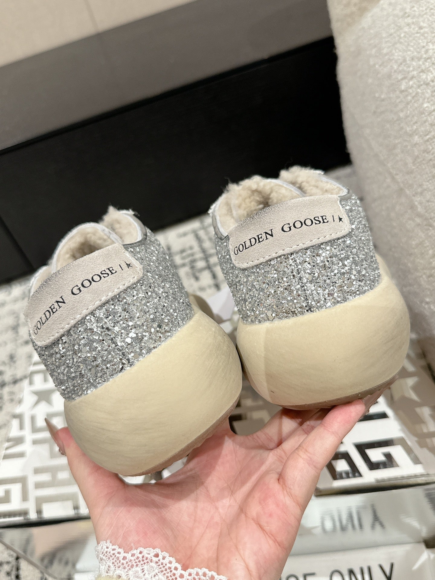 Golden Goose 2025 Space-Star Sabot Sneaker Silver Beige Glitter Wool 141174