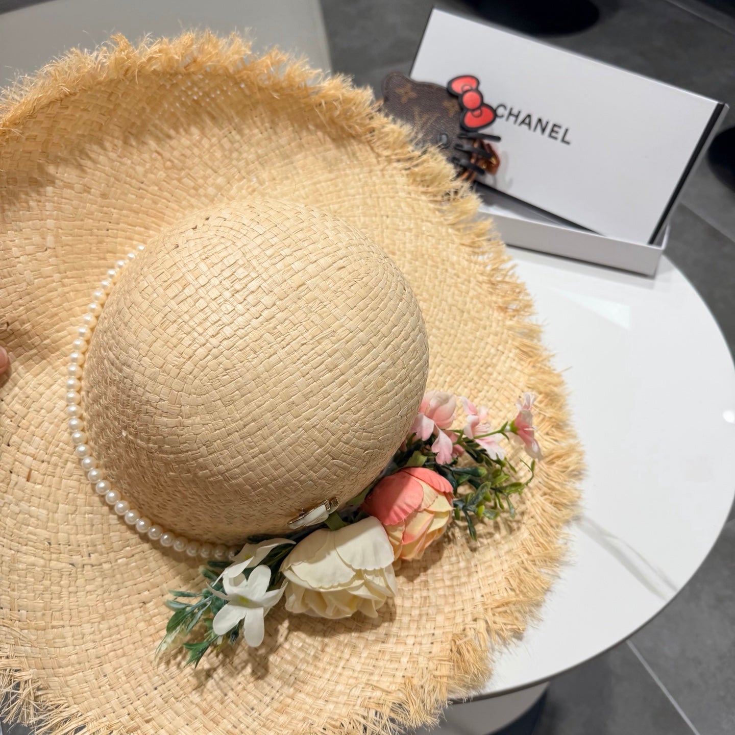 Chanel Flower Raffia Straw Wide-brimmed Hat 400708