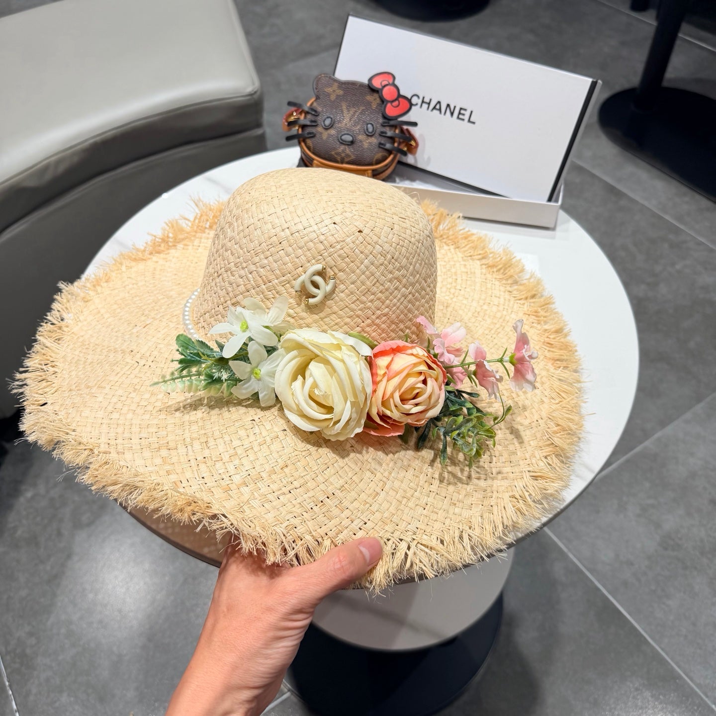 Chanel Flower Raffia Straw Wide-brimmed Hat 400708