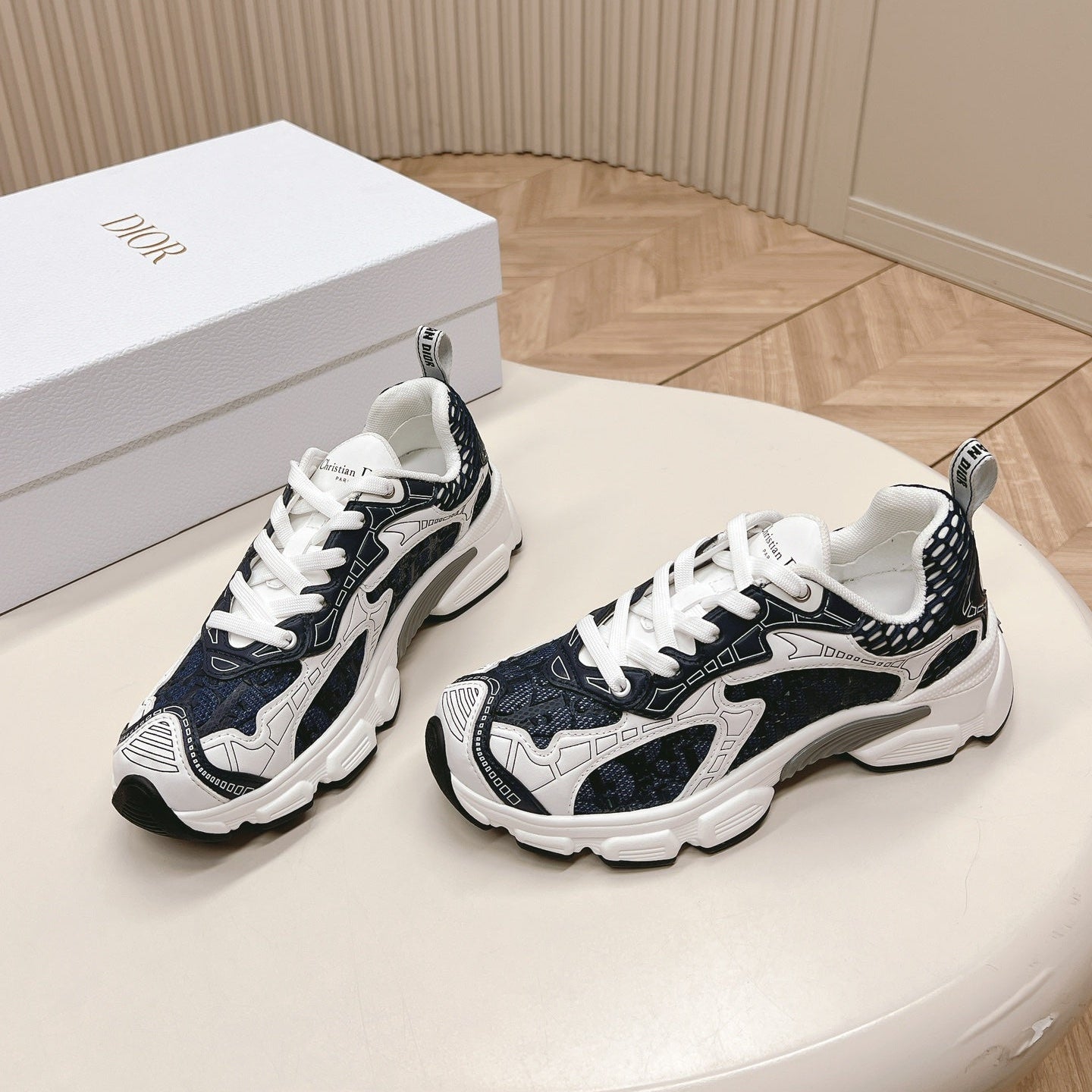 CD 26s Chrono Sneakers White Navy Blue Cowhide Mesh 643751