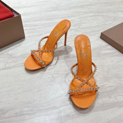 CL 25 Cross-Strap Slippers Orange Gloss Calf Patent Leather Rivets 314924