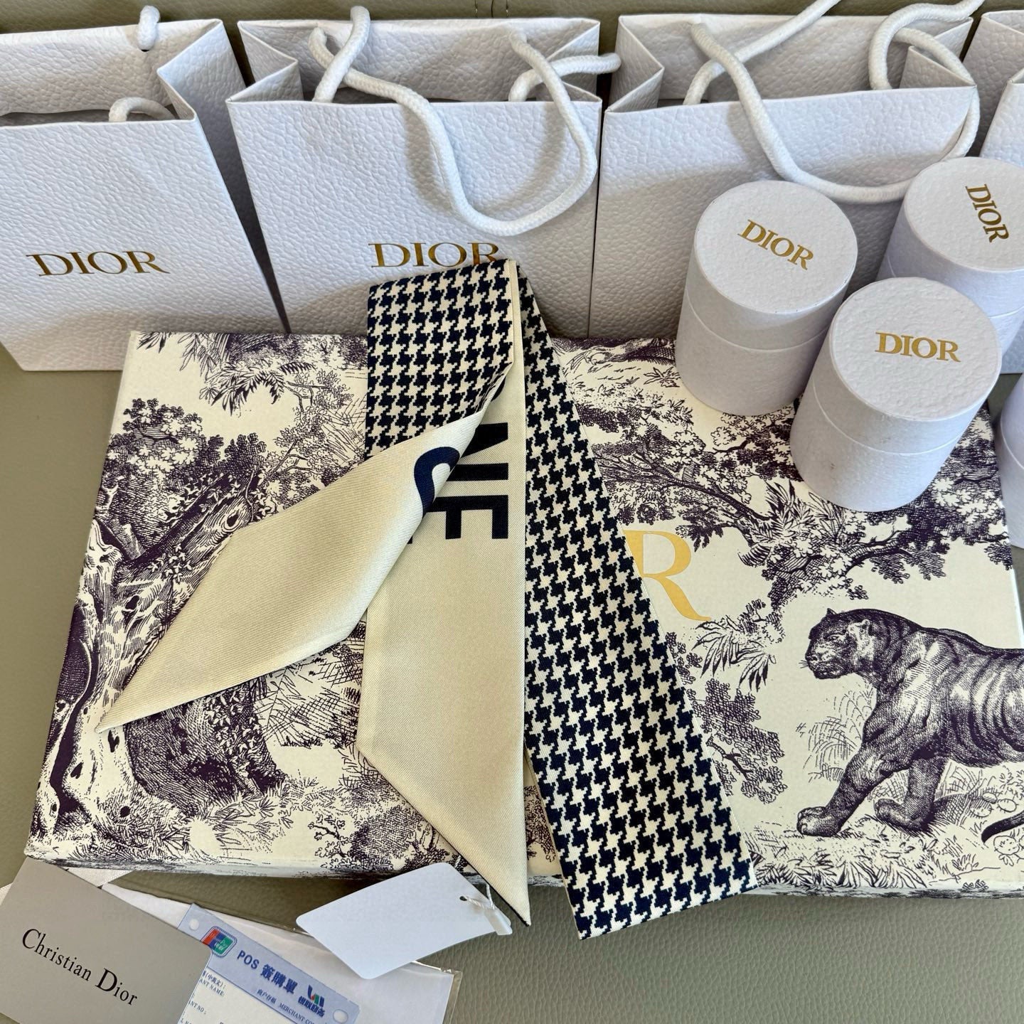 CD Twilly Mini Scarf 105cm Beige Navy Blue Mulberry Silk 909397