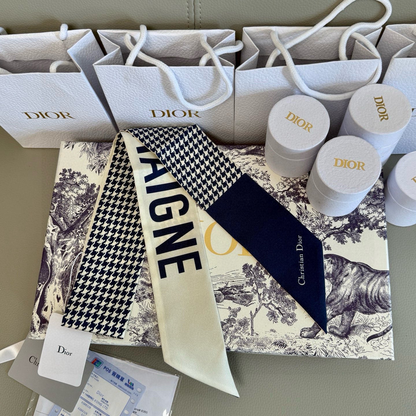 CD Twilly Mini Scarf 105cm Beige Navy Blue Mulberry Silk 909397