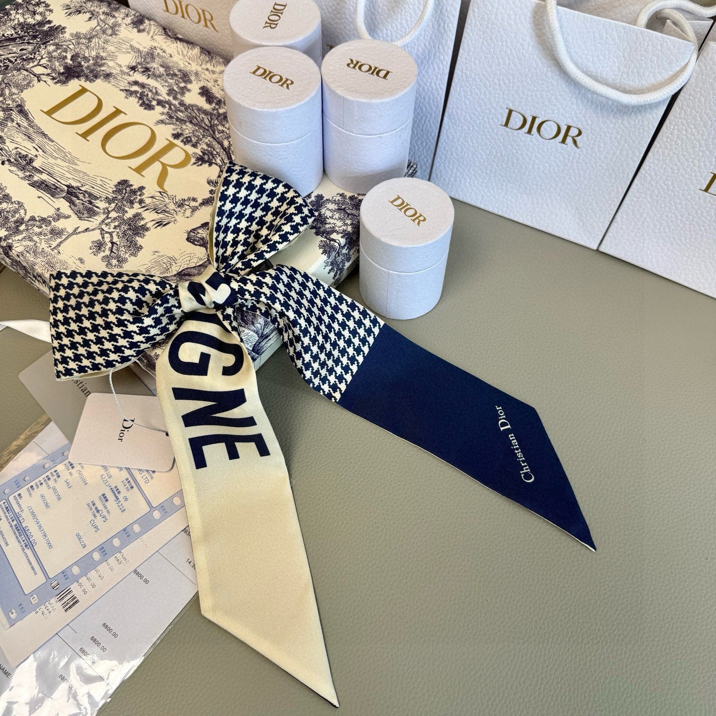 CD Twilly Mini Scarf 105cm Beige Navy Blue Mulberry Silk 909397