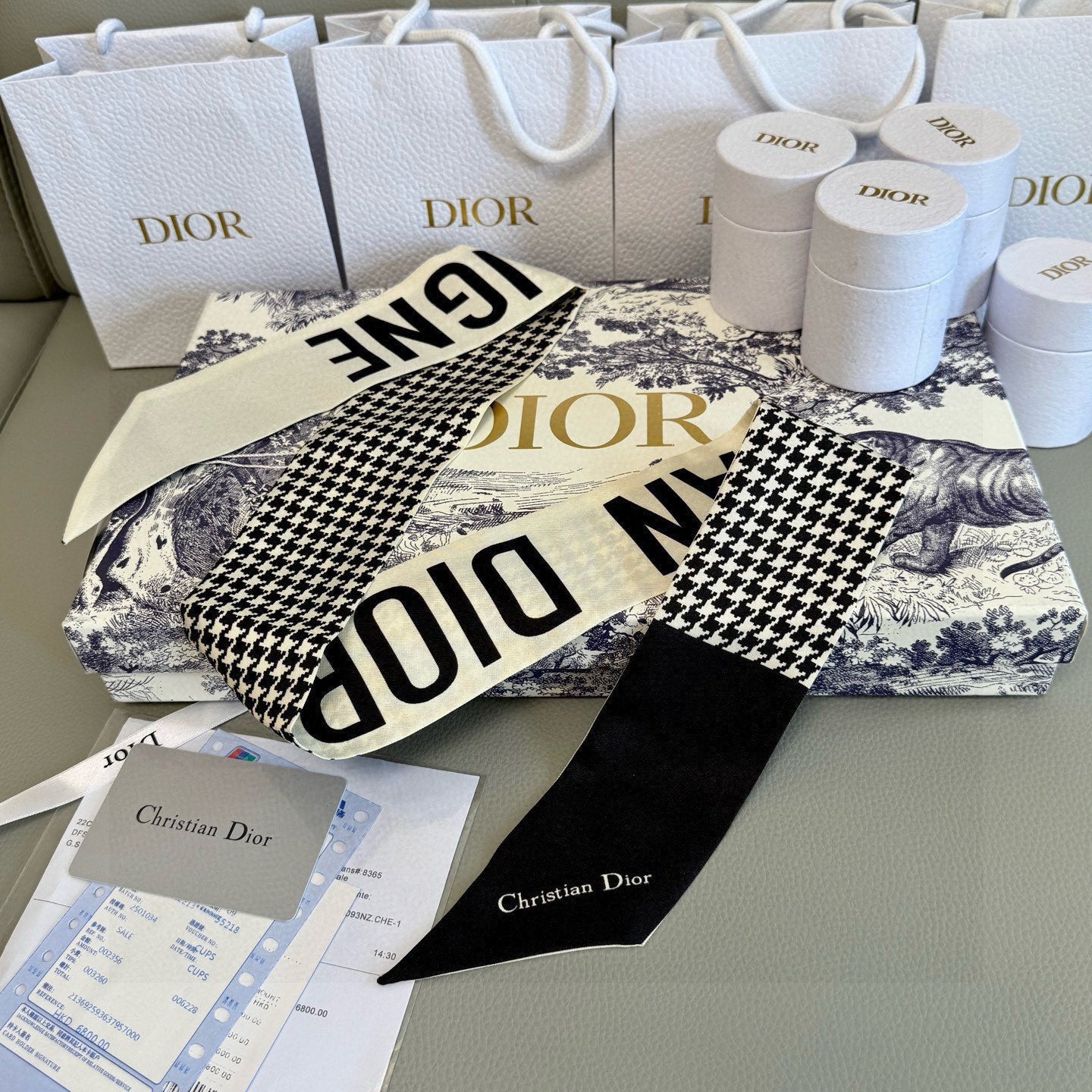 CD Twilly Mini Scarf 105cm Beige Black Mulberry Silk 909398