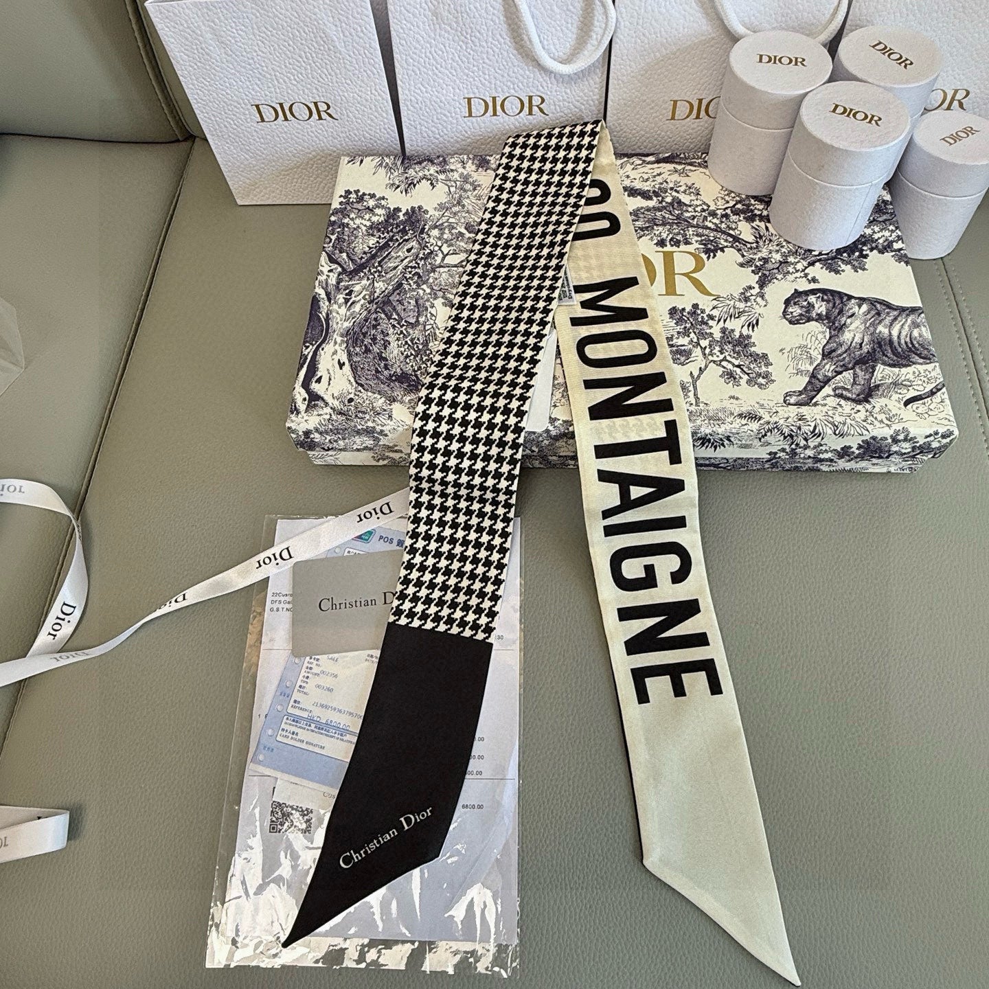 CD Twilly Mini Scarf 105cm Beige Black Mulberry Silk 909398