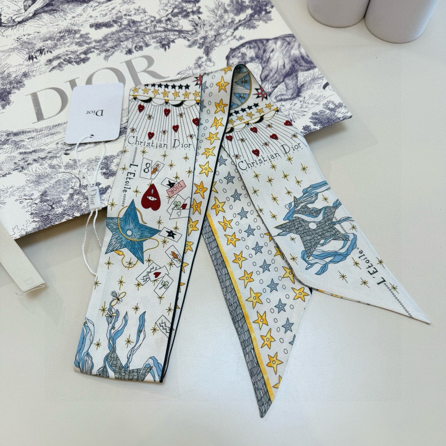 CD Twilly Mini Scarf 105cm Tarot Card White Yellow Mulberry Silk 928083