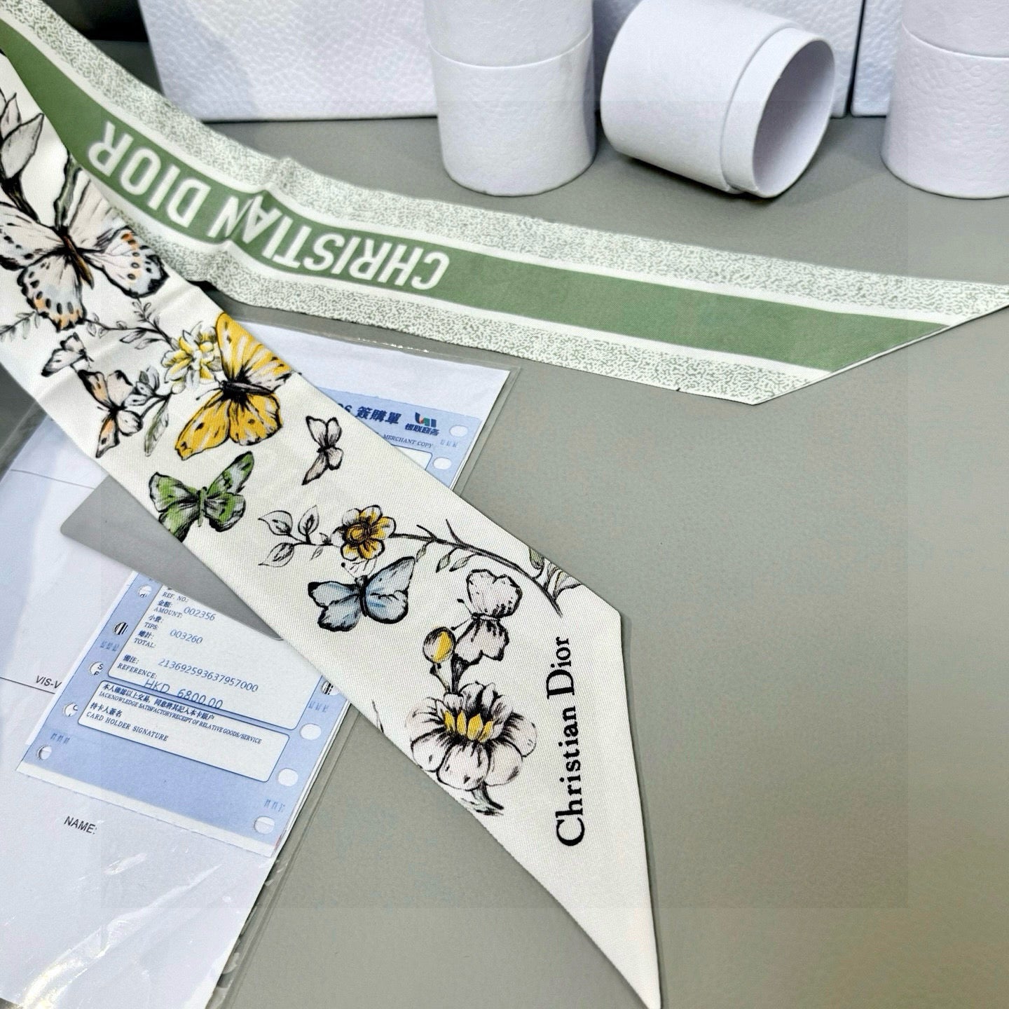 CD Twilly Mini Scarf 105cm Green Black Mulberry Silk 935251