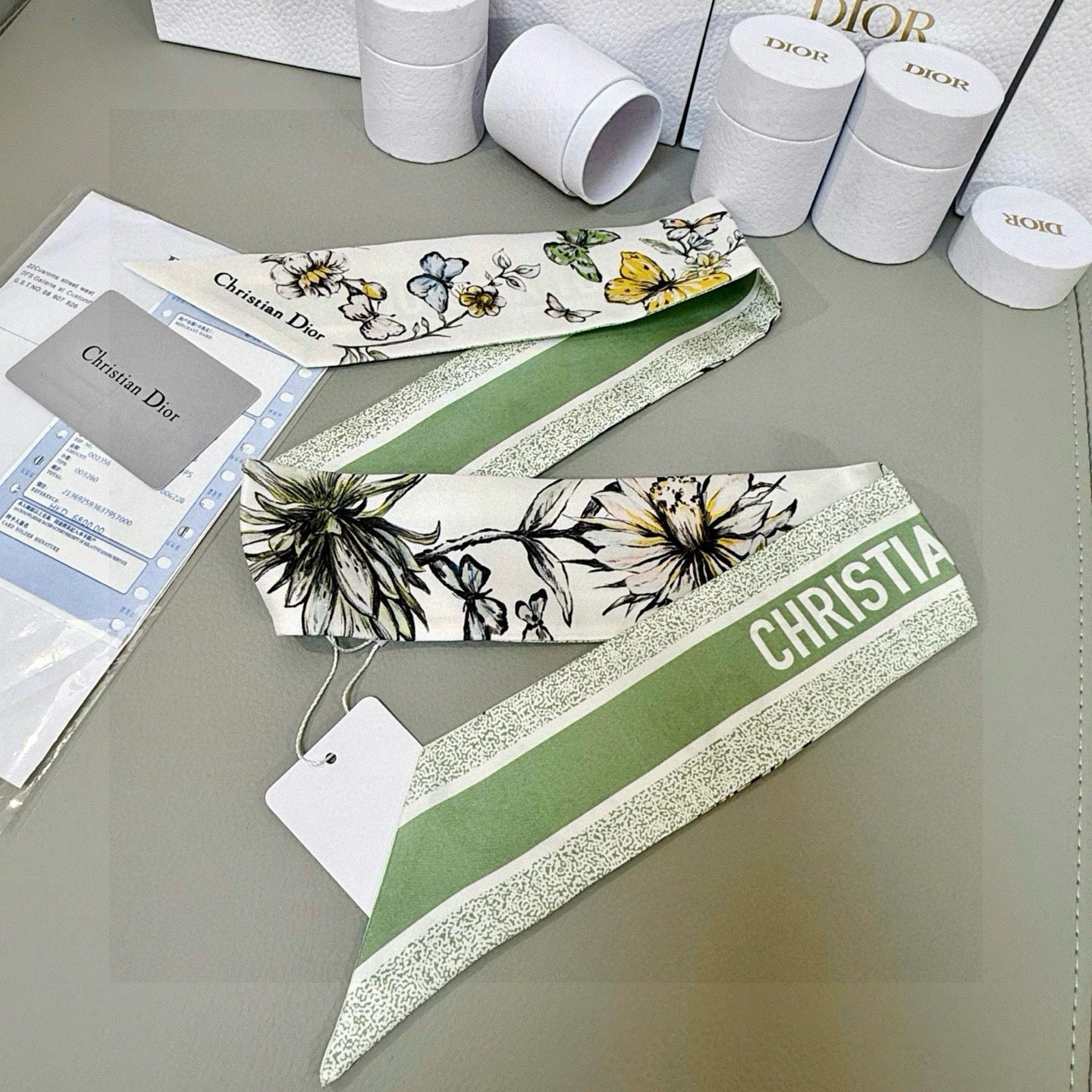 CD Twilly Mini Scarf 105cm Green Black Mulberry Silk 935251