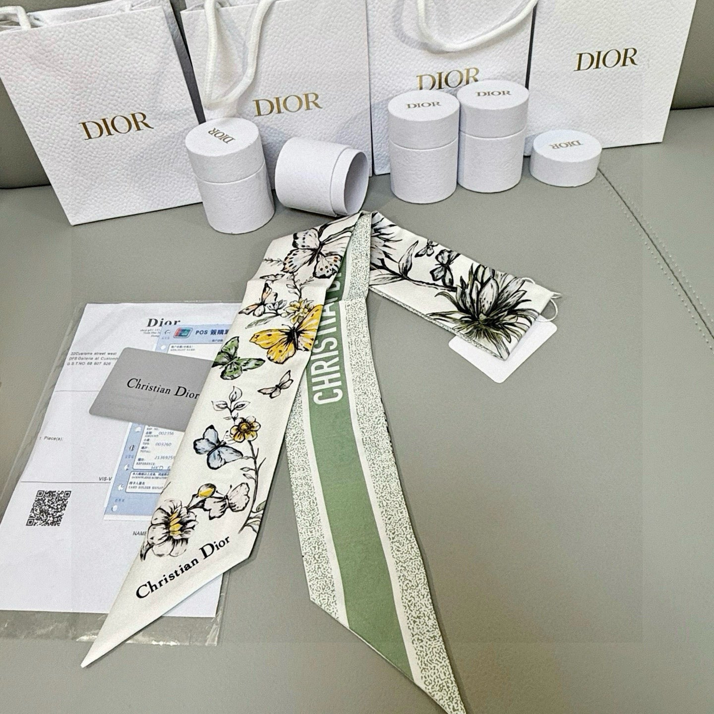 CD Twilly Mini Scarf 105cm Green Black Mulberry Silk 935251