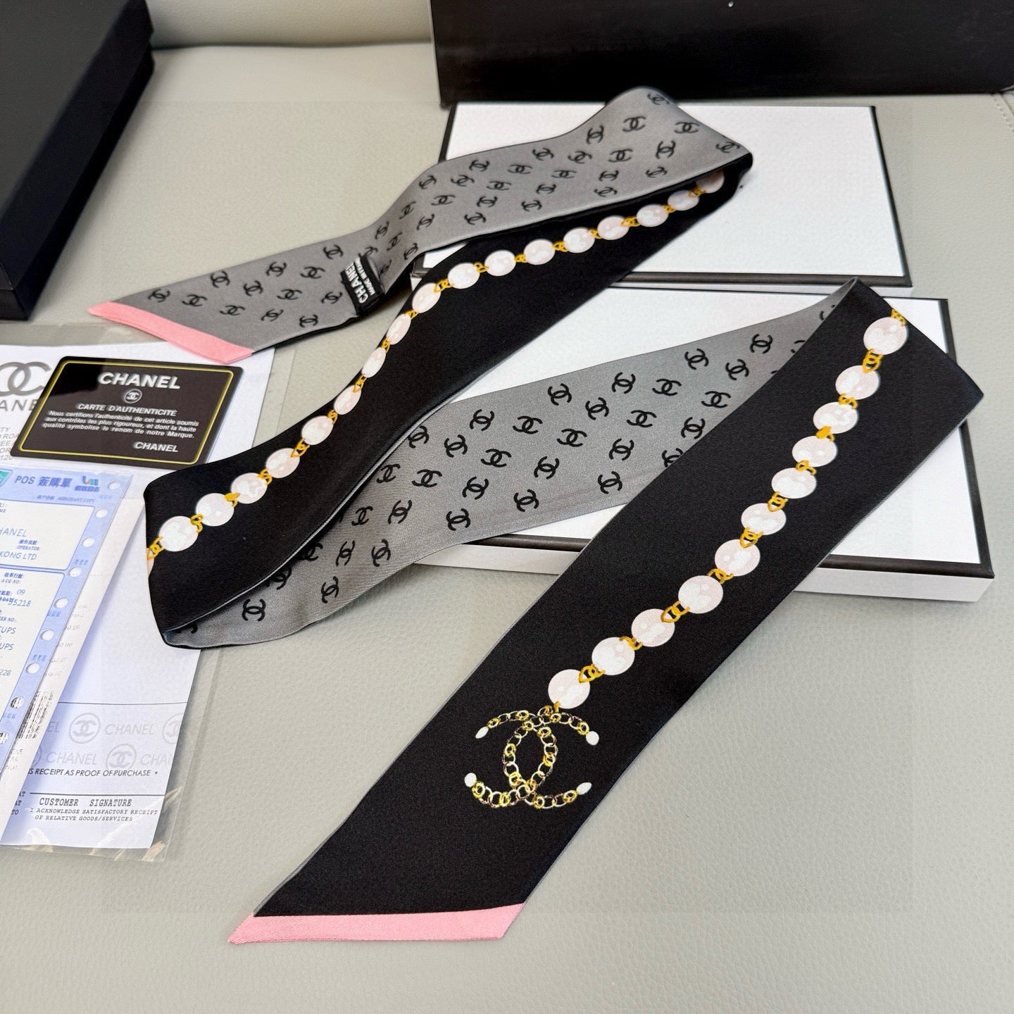 CC  Twilly Mini Star 120cm Gray Black Mulberry Silk 935262