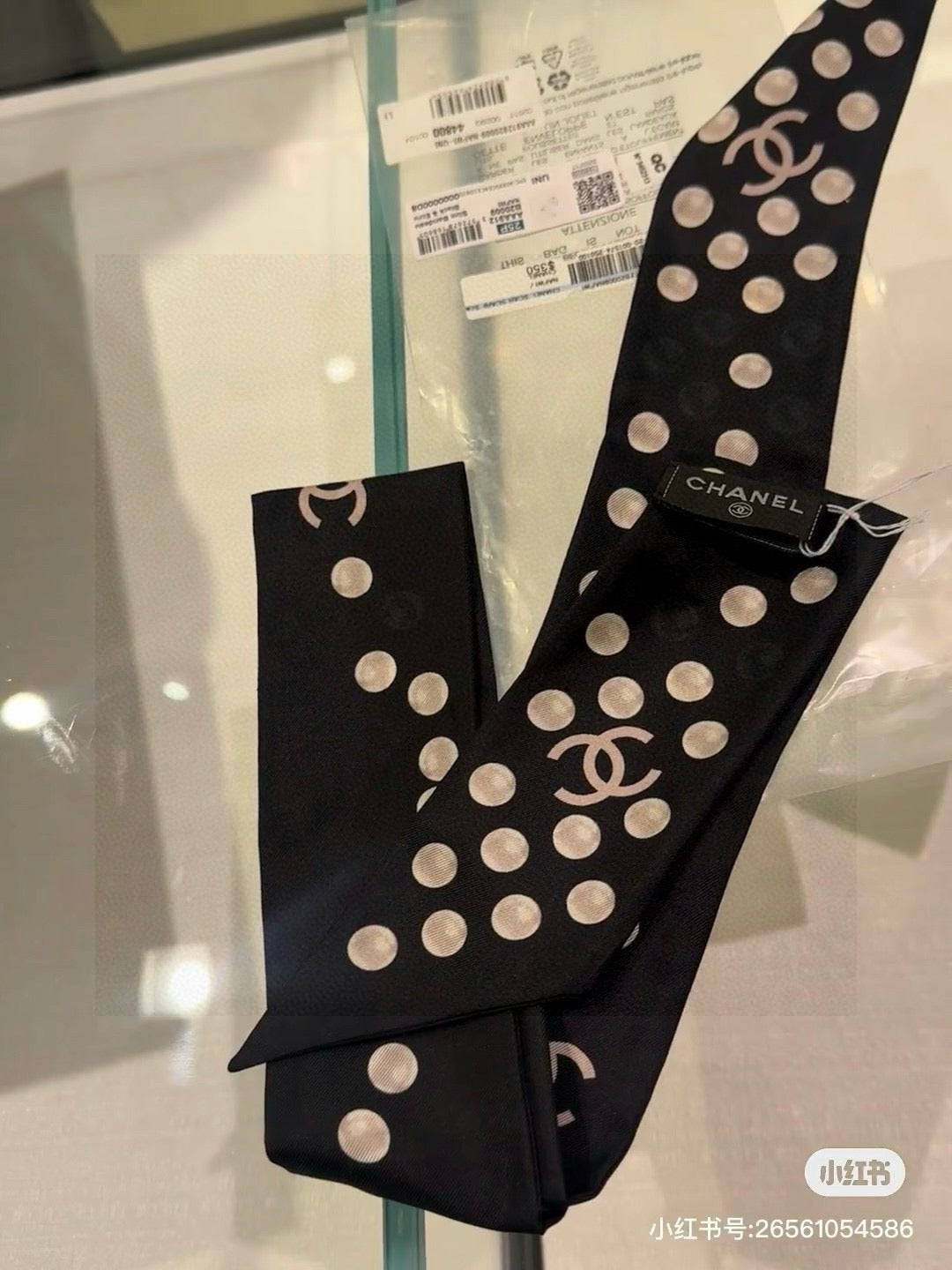 CC  Twilly Mini Scarf 120cm Black White Mulberry Silk 949113