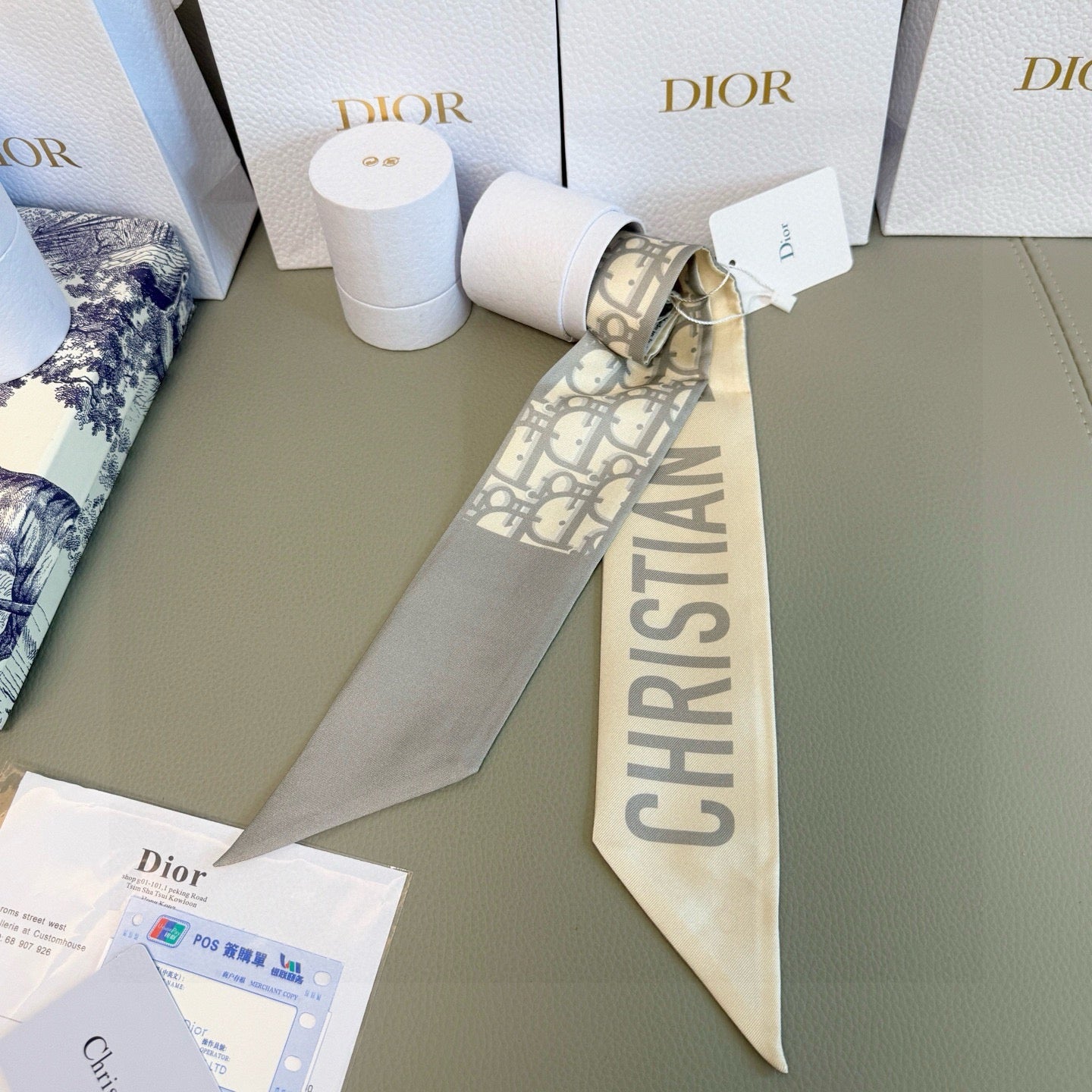 CD Twilly Mini Scarf 105cm Light Gray Mulberry Silk 953239