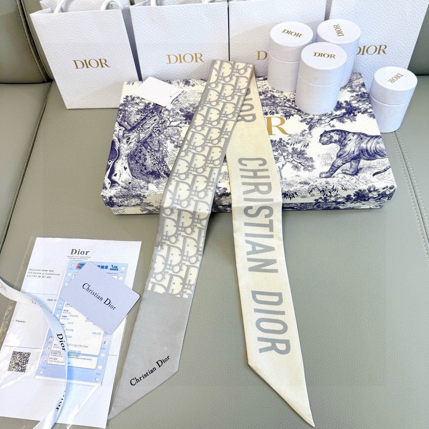 CD Twilly Mini Scarf 105cm Light Gray Mulberry Silk 953239