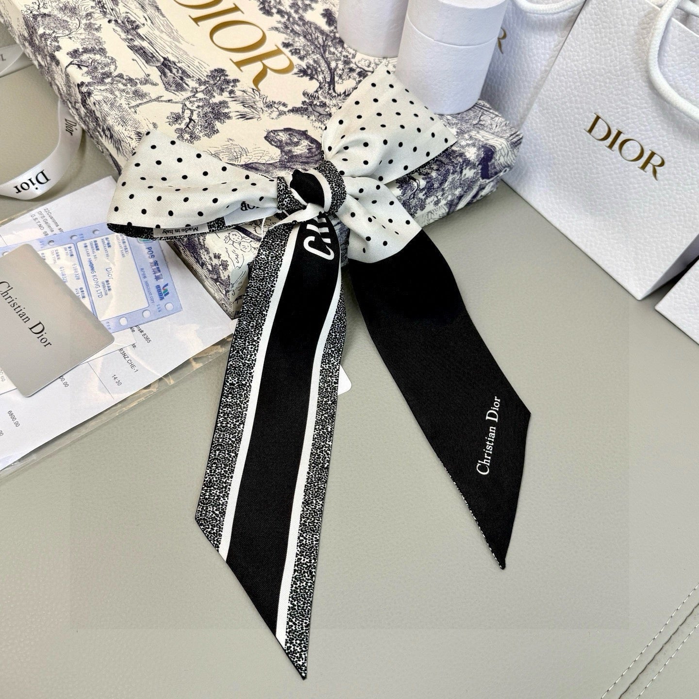 CD Twilly Mini Scarf 105cm Black White Mulberry Silk 957050